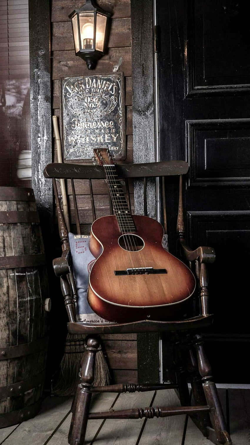 vintage acoustic guitar, weathered wooden rocking chair, whiskey barrel, HD Phone Wallpaper