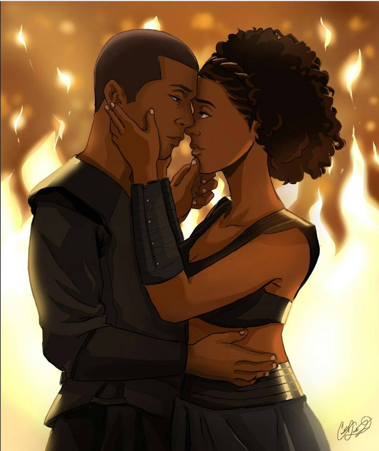 Cute Black Cartoon Couple, anime-style, glowing golden flame backdrop, HD Phone Wallpaper