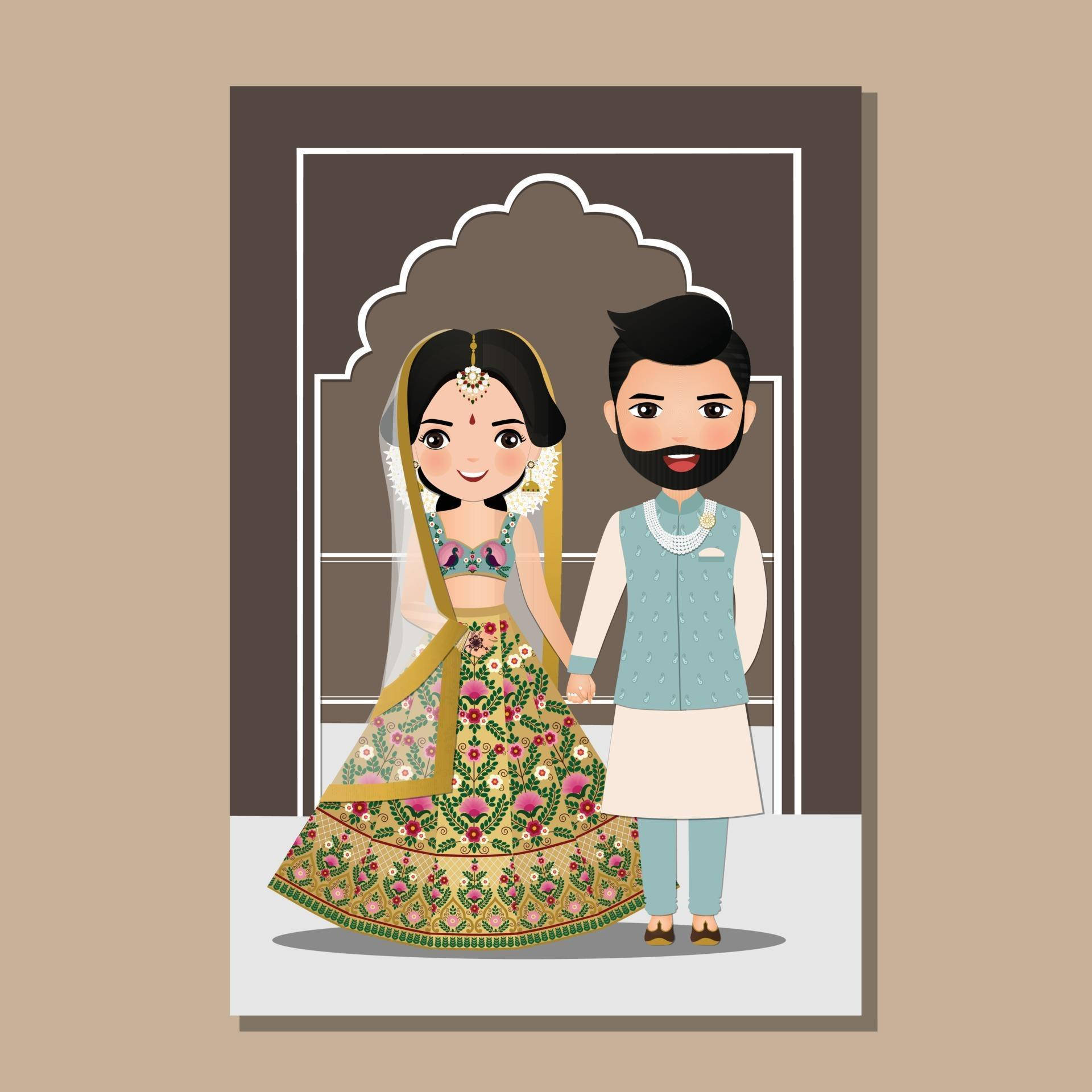 Cute Indian Cartoon Couple, traditional Indian wedding attire, hand in hand, Full HD Desktop Wallpaper
