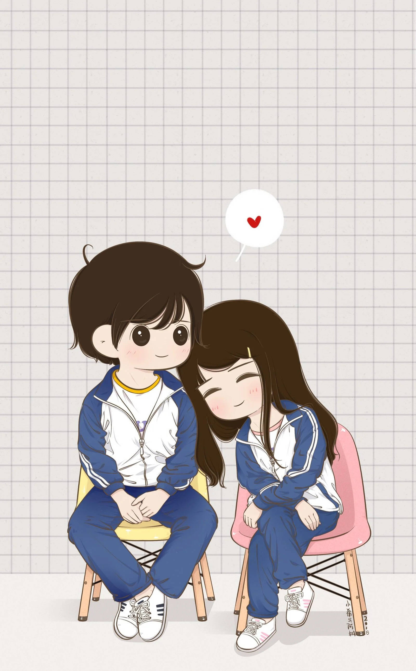 anime-style students, matching blue and white tracksuits, heart speech bubble, 2K Phone Wallpaper