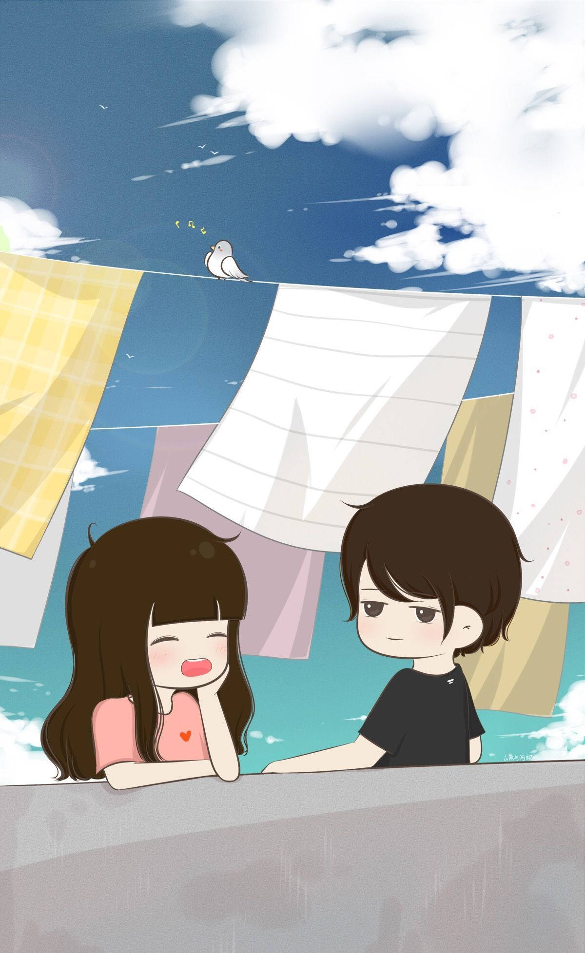 cute cartoon couple, rooftop, anime-style teens, Full HD Phone Wallpaper