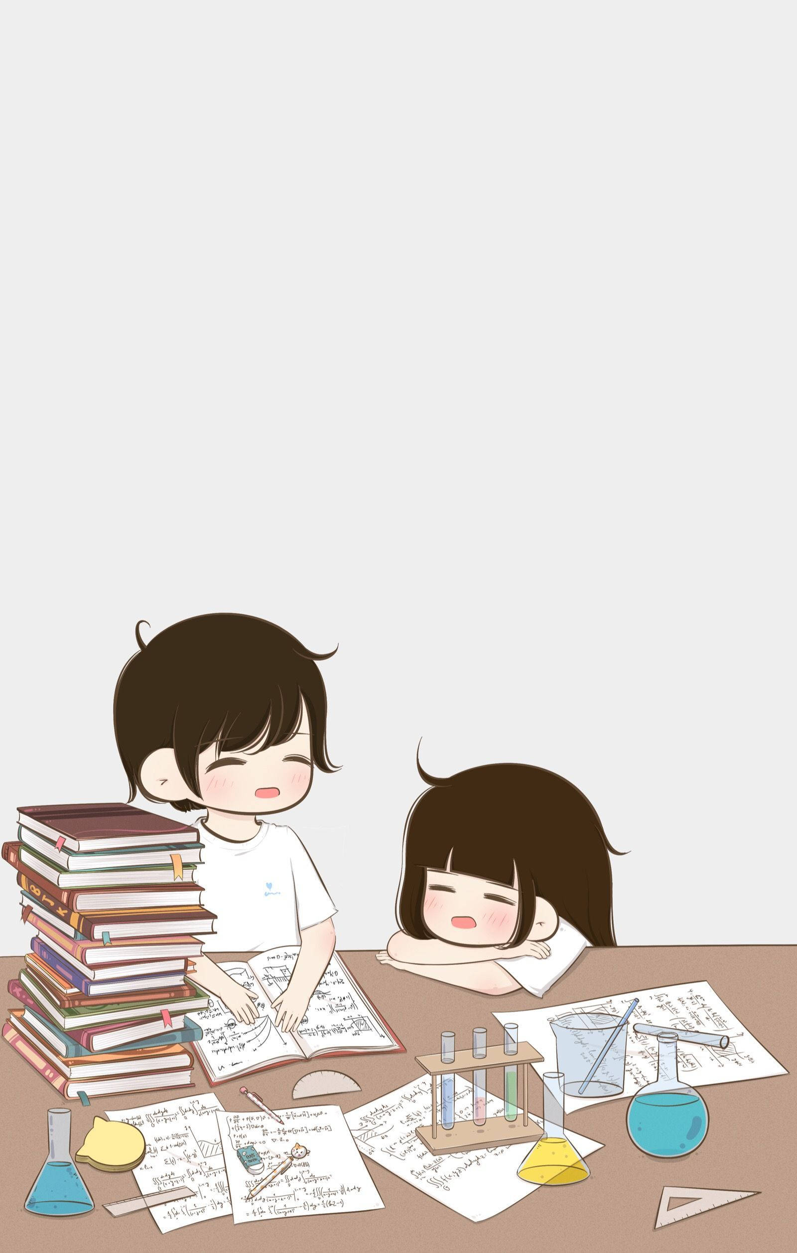 anime-style students, cluttered desk, books, Full HD Phone Wallpaper