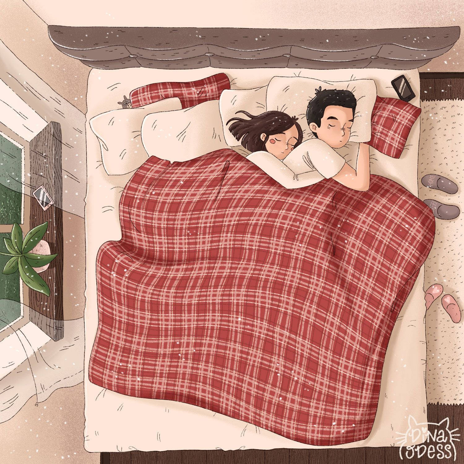 cute cartoon couple, red plaid blanket, cozy wooden bed, HD Desktop Wallpaper