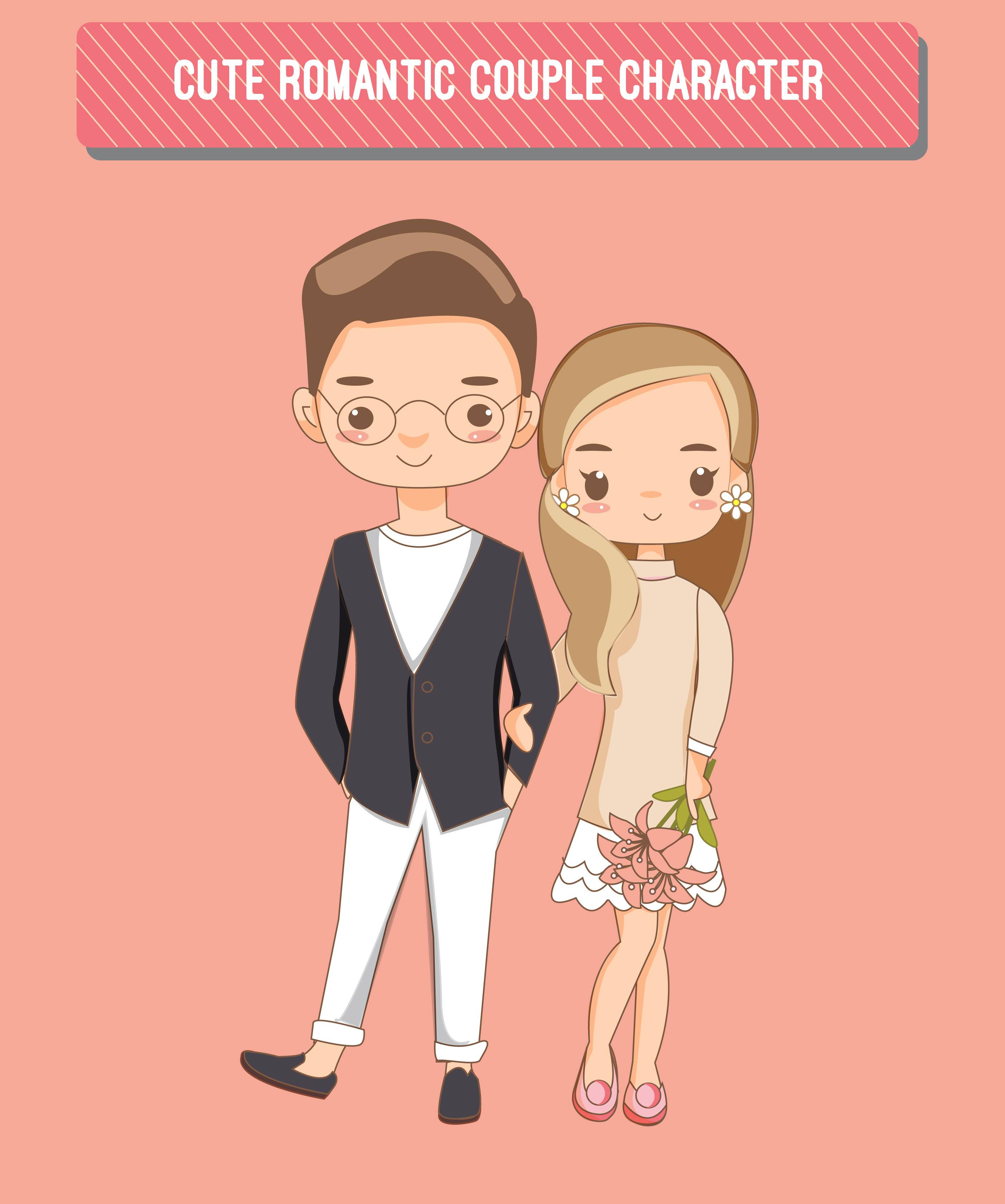 cute peach cartoon couple, soft pink background, girl holding flowers, 2K Phone Wallpaper