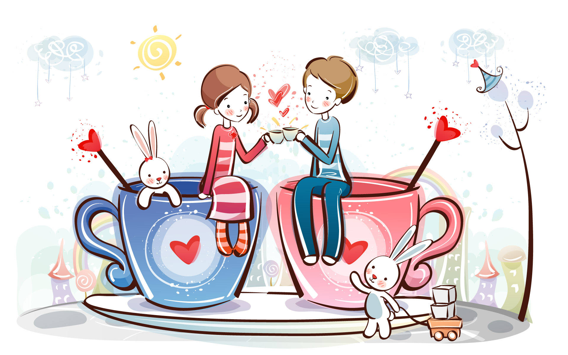 cartoon couple, giant heart-themed teacups, sunny sky, Full HD Desktop Wallpaper