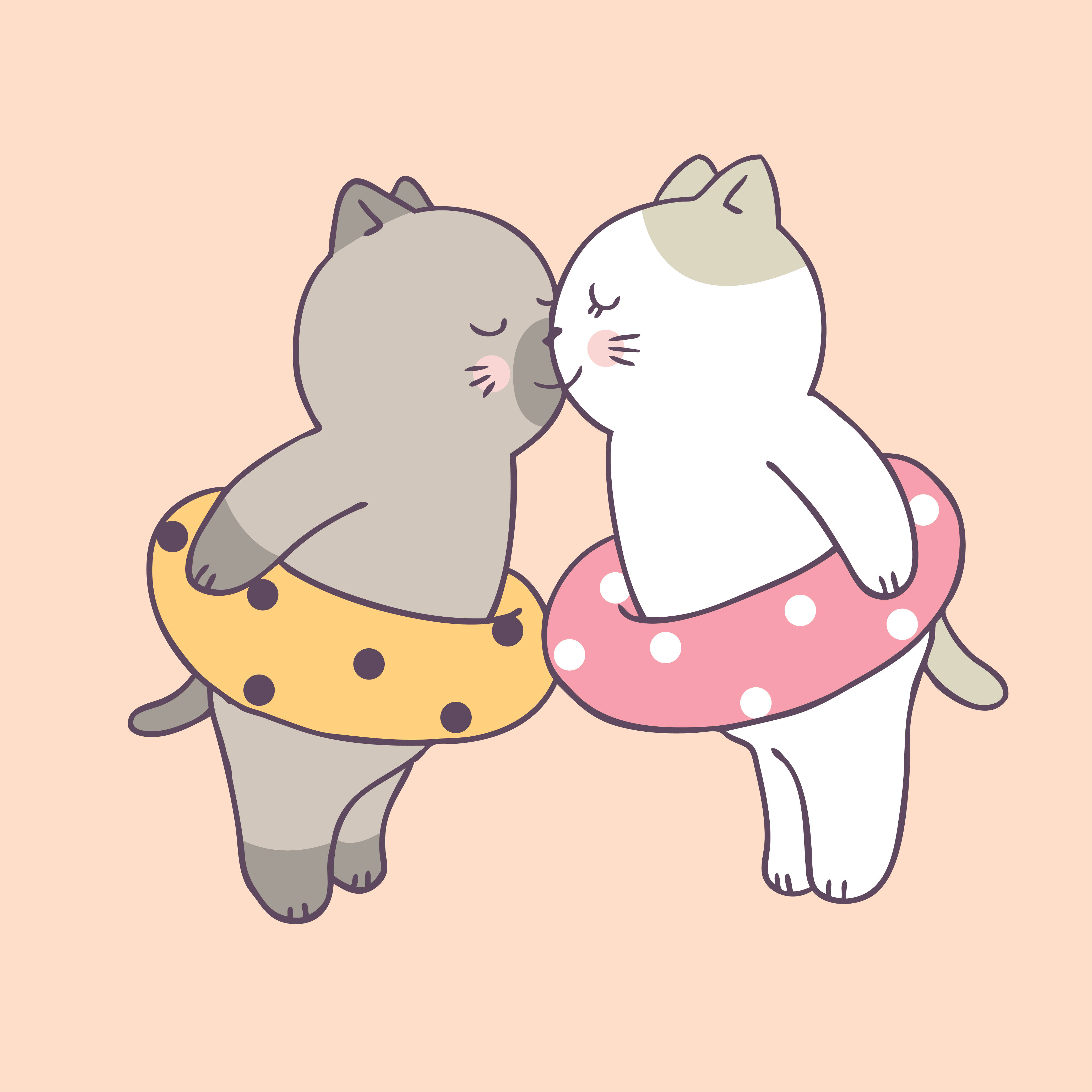 cute cartoon cat couple, colorful polka dot swim rings, soft peach background, 4K Desktop Wallpaper