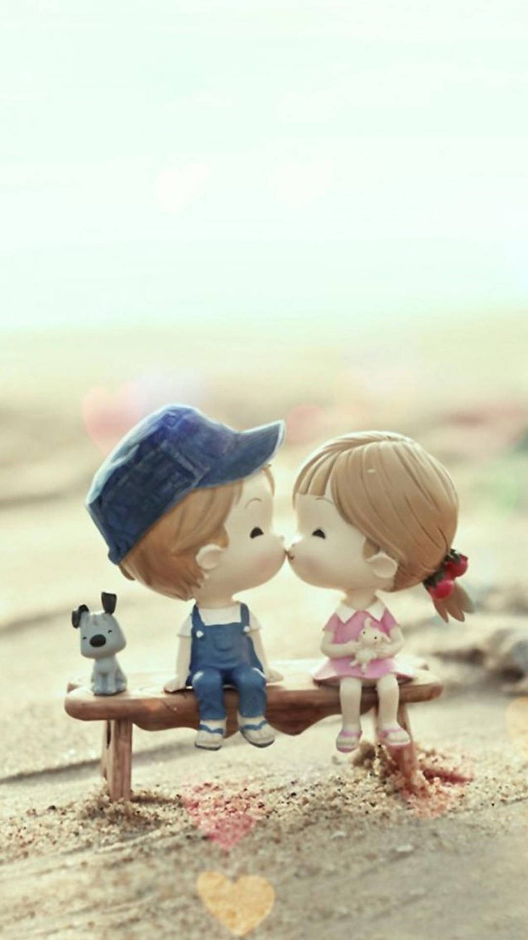 cute cartoon couple, kiss, figurine children, Full HD Phone Wallpaper