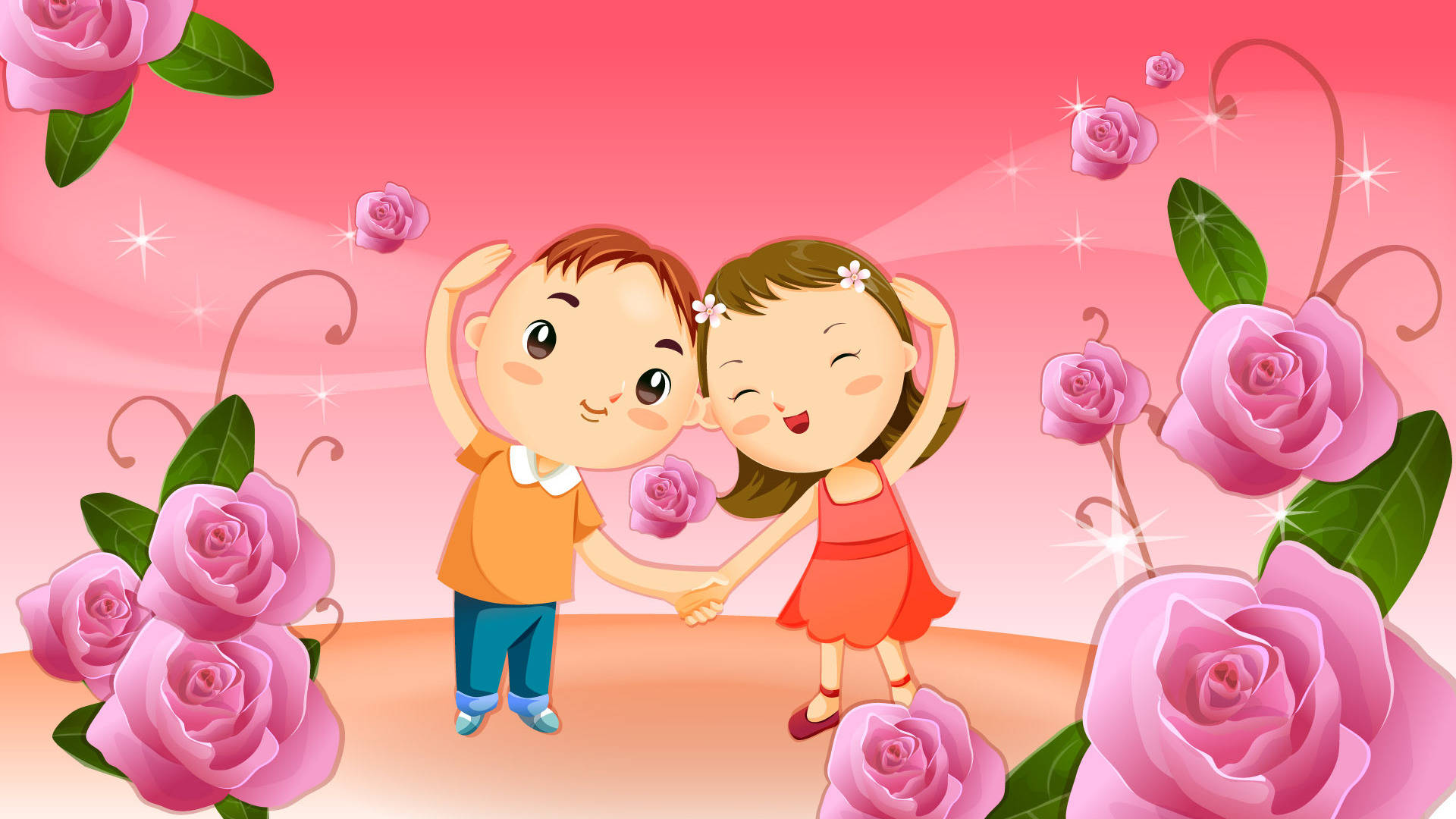 cute cartoon couple, pink roses, sparkling pink sky, Full HD Desktop Wallpaper