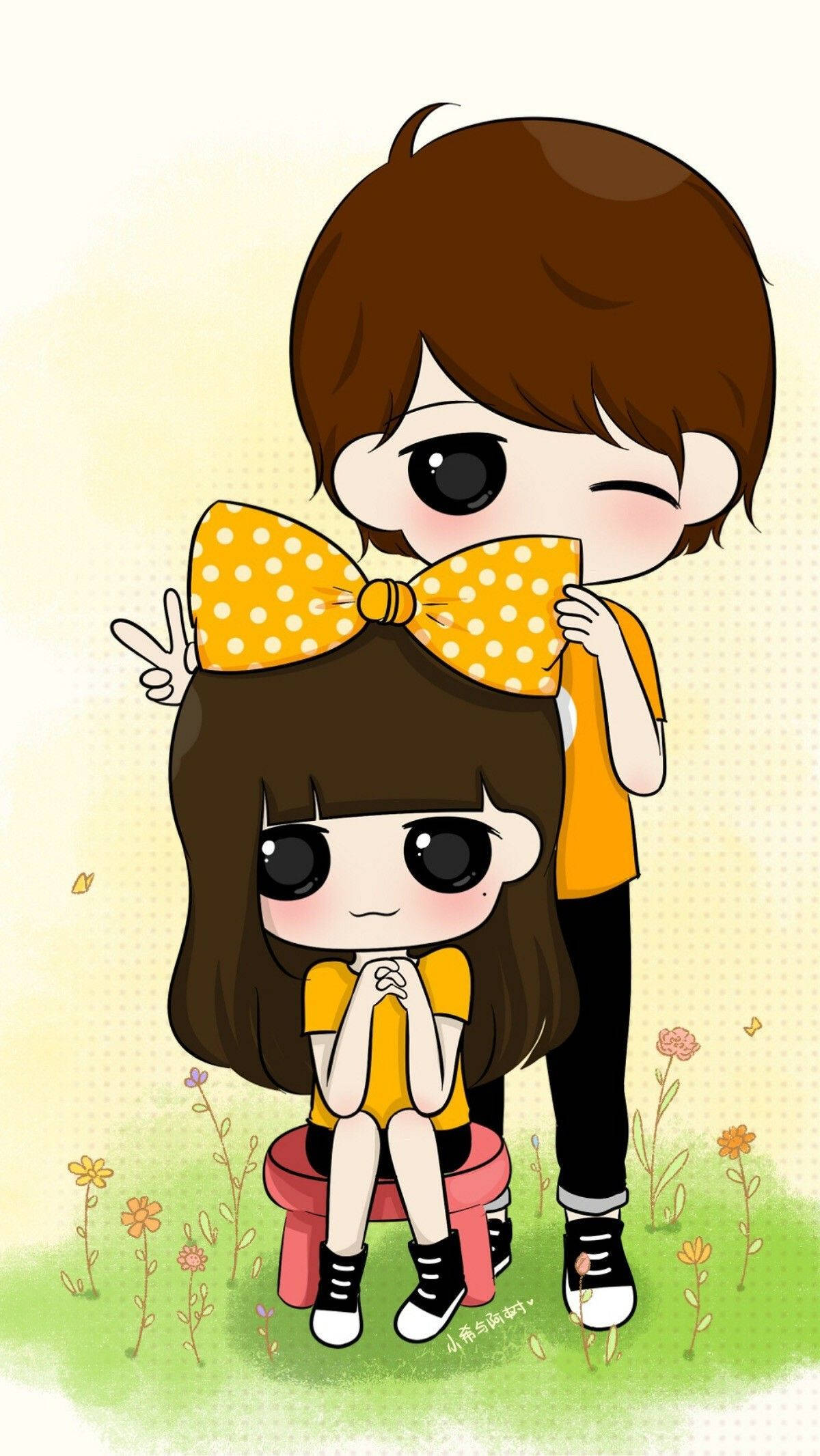 cute cartoon couple, yellow polka dot bow, red stool, Full HD Phone Wallpaper