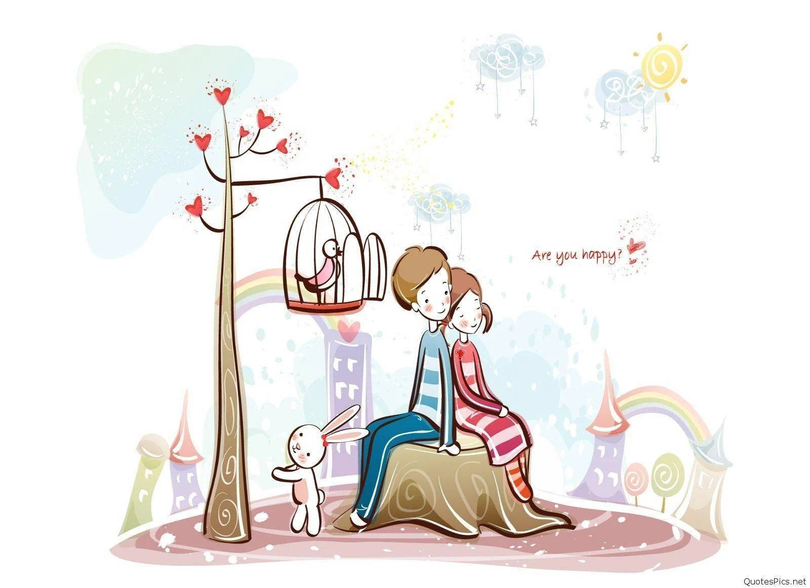cute cartoon couple, tree stump, bird in a cage, HD Desktop Wallpaper