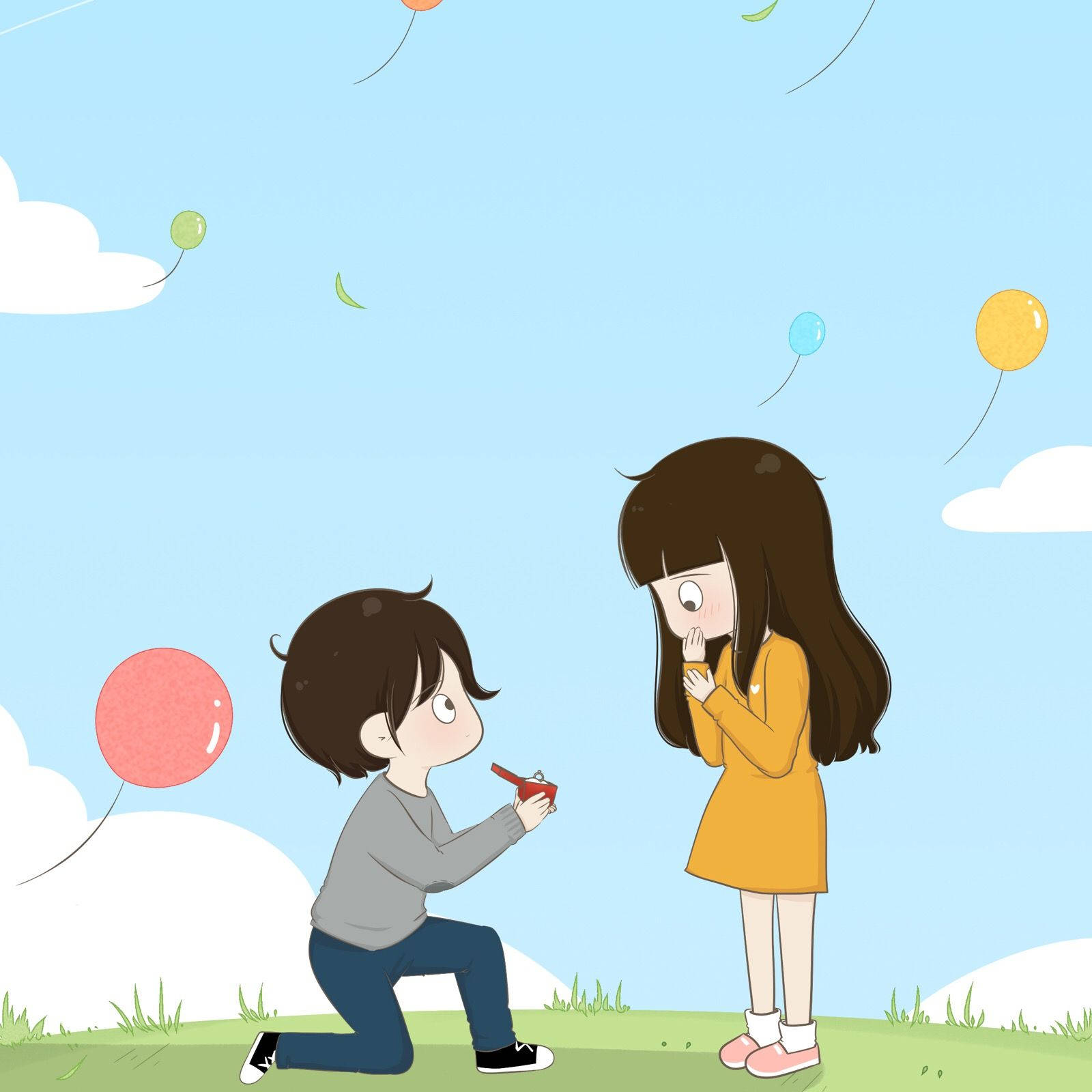 cute cartoon couple, red ring box, grass, HD Desktop Wallpaper