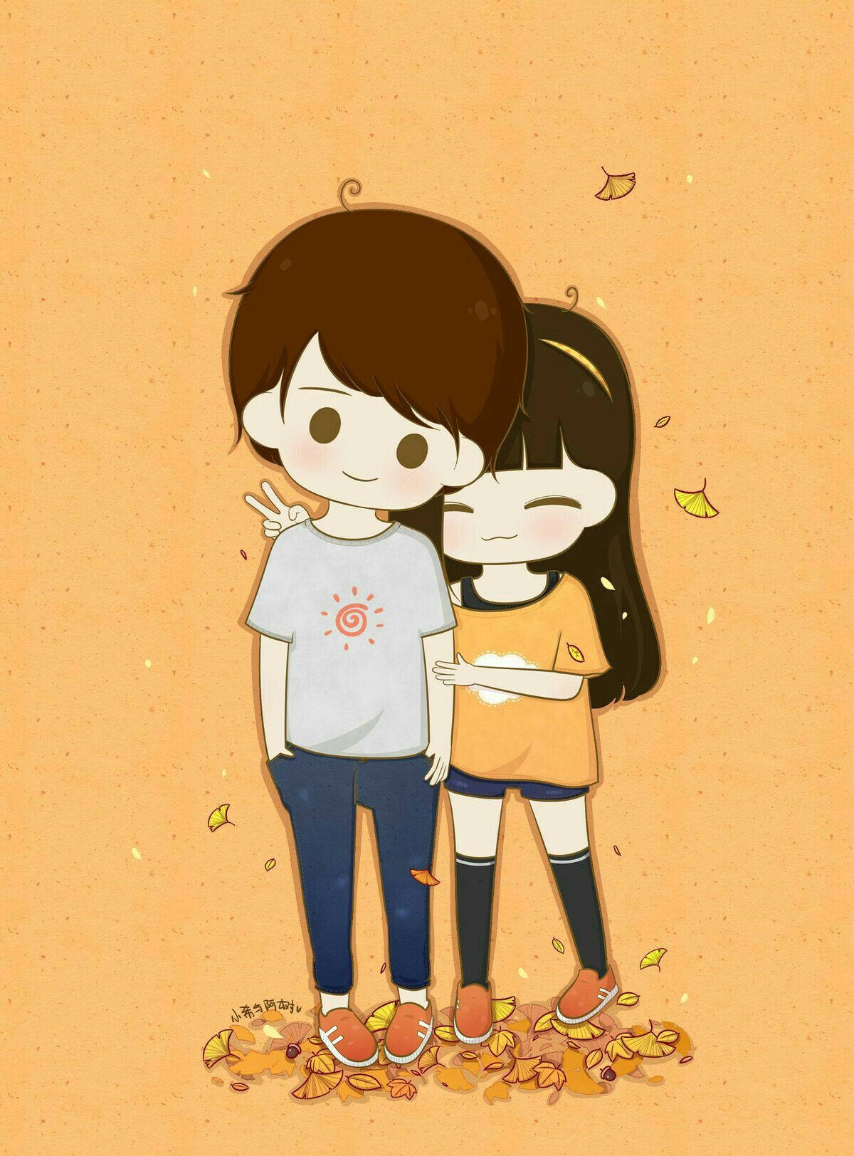 cute autumn cartoon couple, anime-style teens, falling autumn leaves, HD Phone Wallpaper