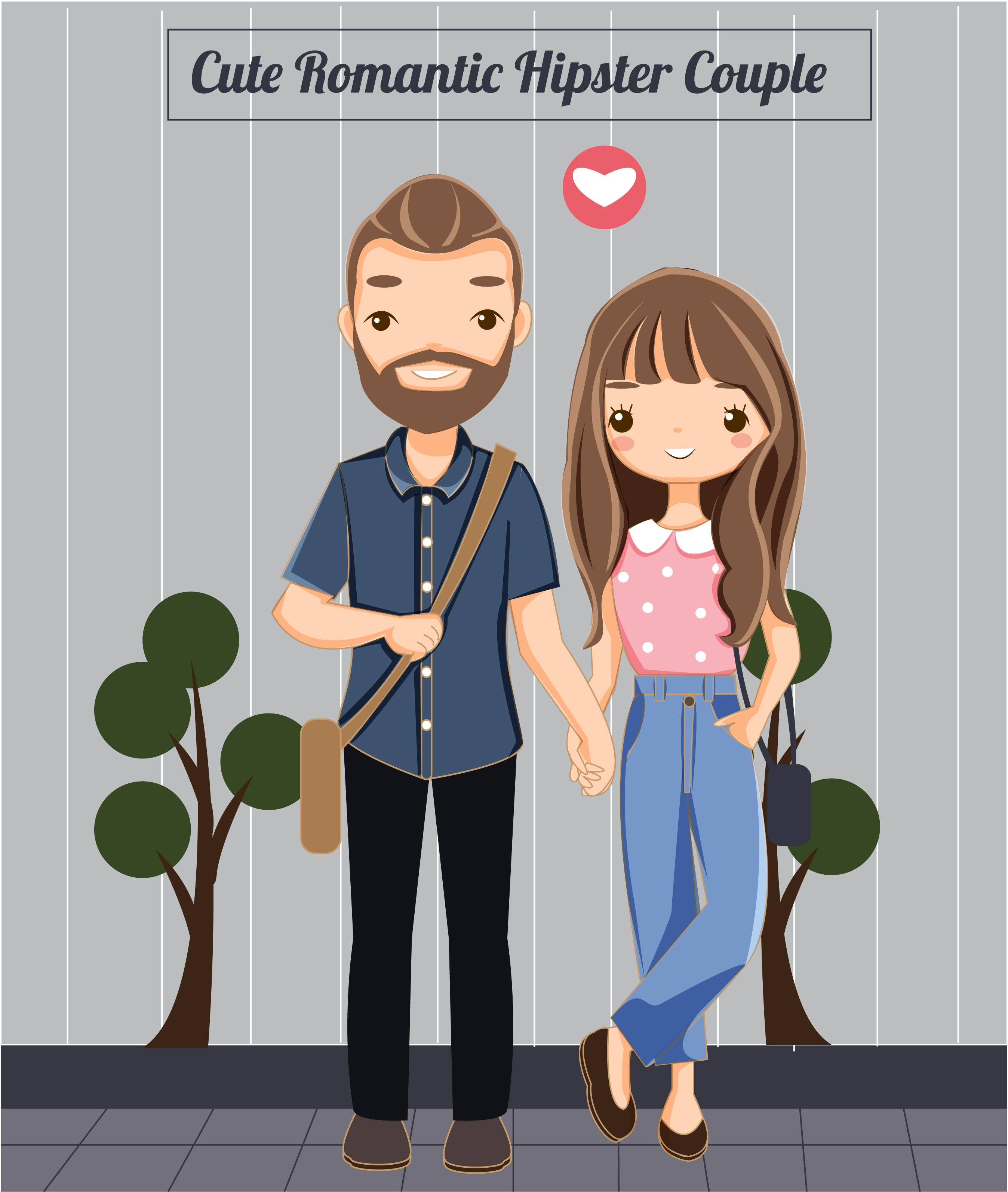 cute hipster cartoon couple, heart icon, striped wall, 2K Phone Wallpaper