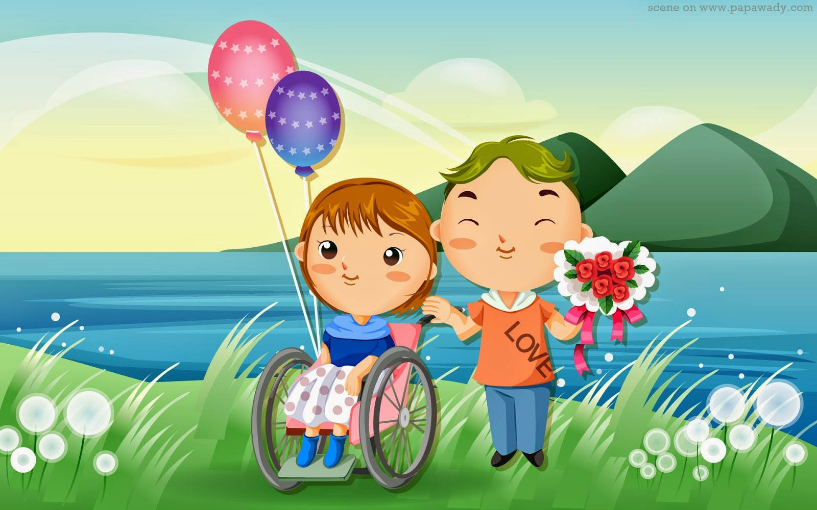 Cute Cartoon Couple Wheelchair, boy, girl in a wheelchair, HD Desktop Wallpaper