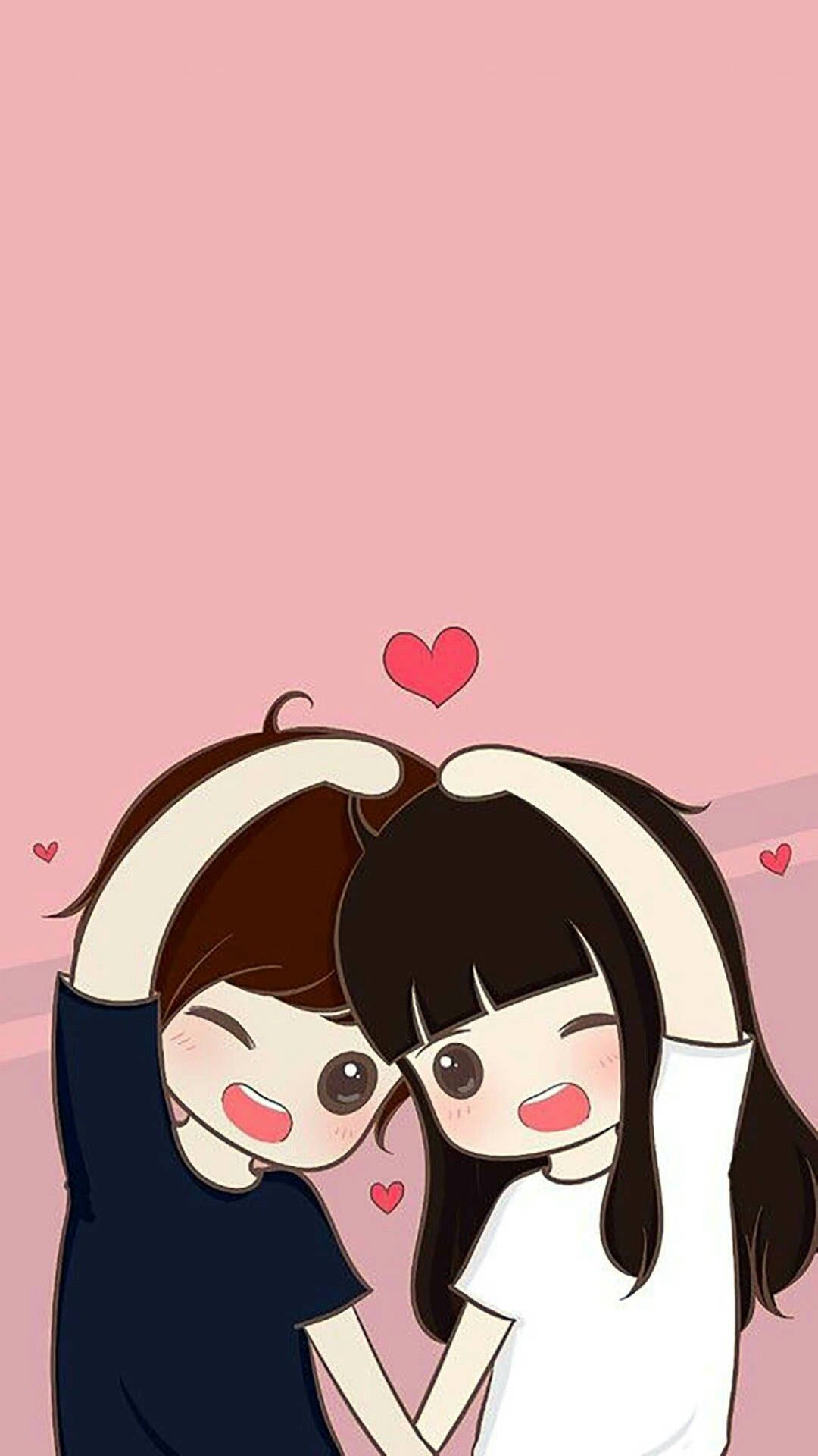 Cute And Sweet Cartoon Couple, anime-style lovers, hearts floating around them, Full HD Phone Wallpaper