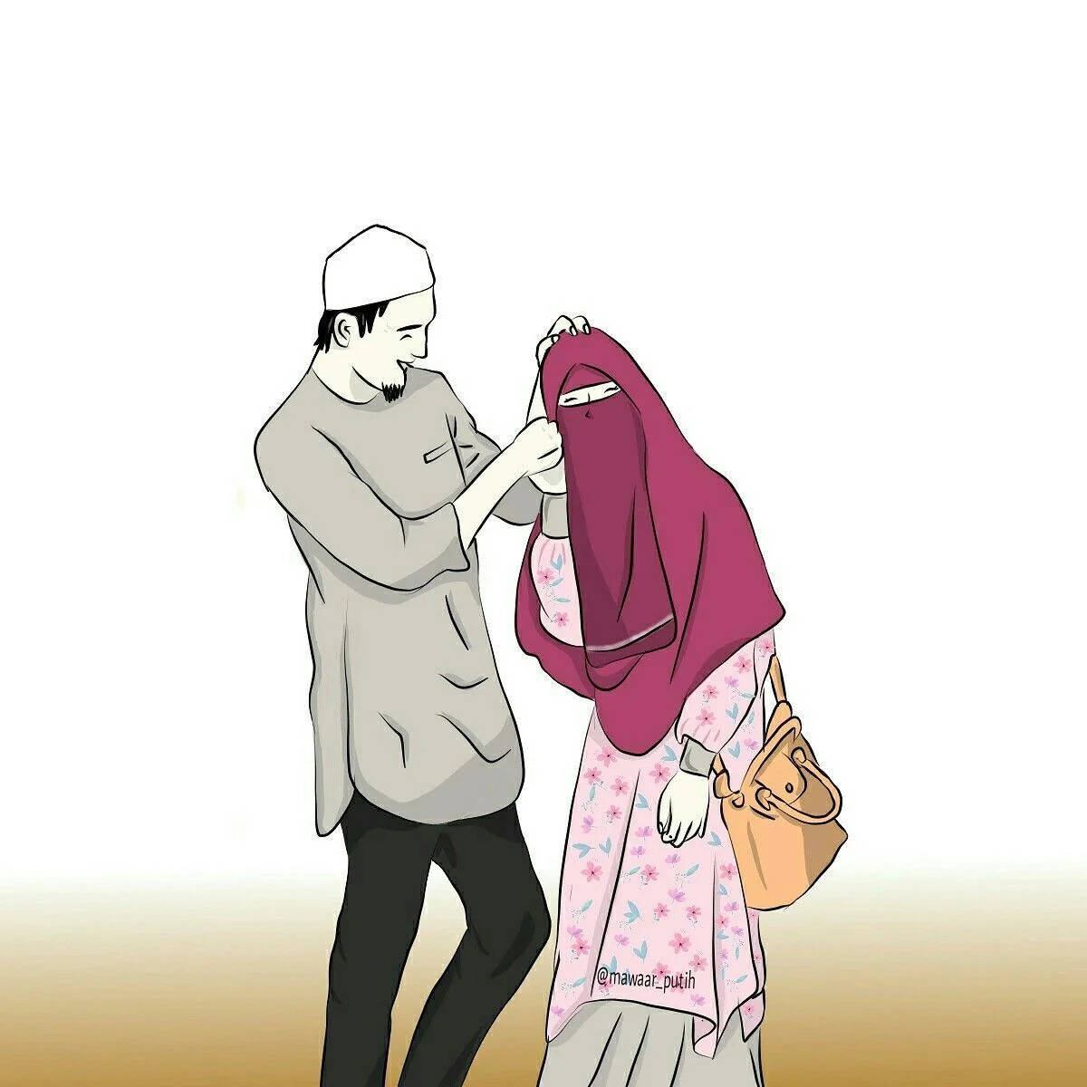 cute muslim cartoon couple, maroon niqab, soft gradient background, SD Desktop Wallpaper