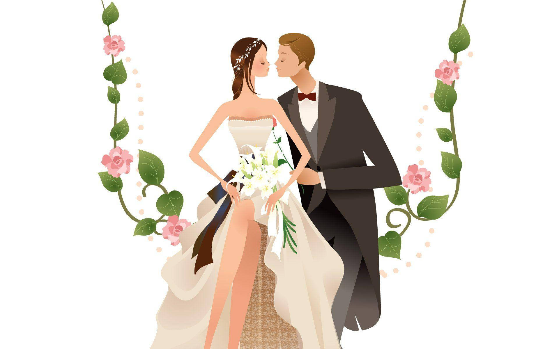 cute cartoon couple, just married, bride and groom, Full HD Desktop Wallpaper