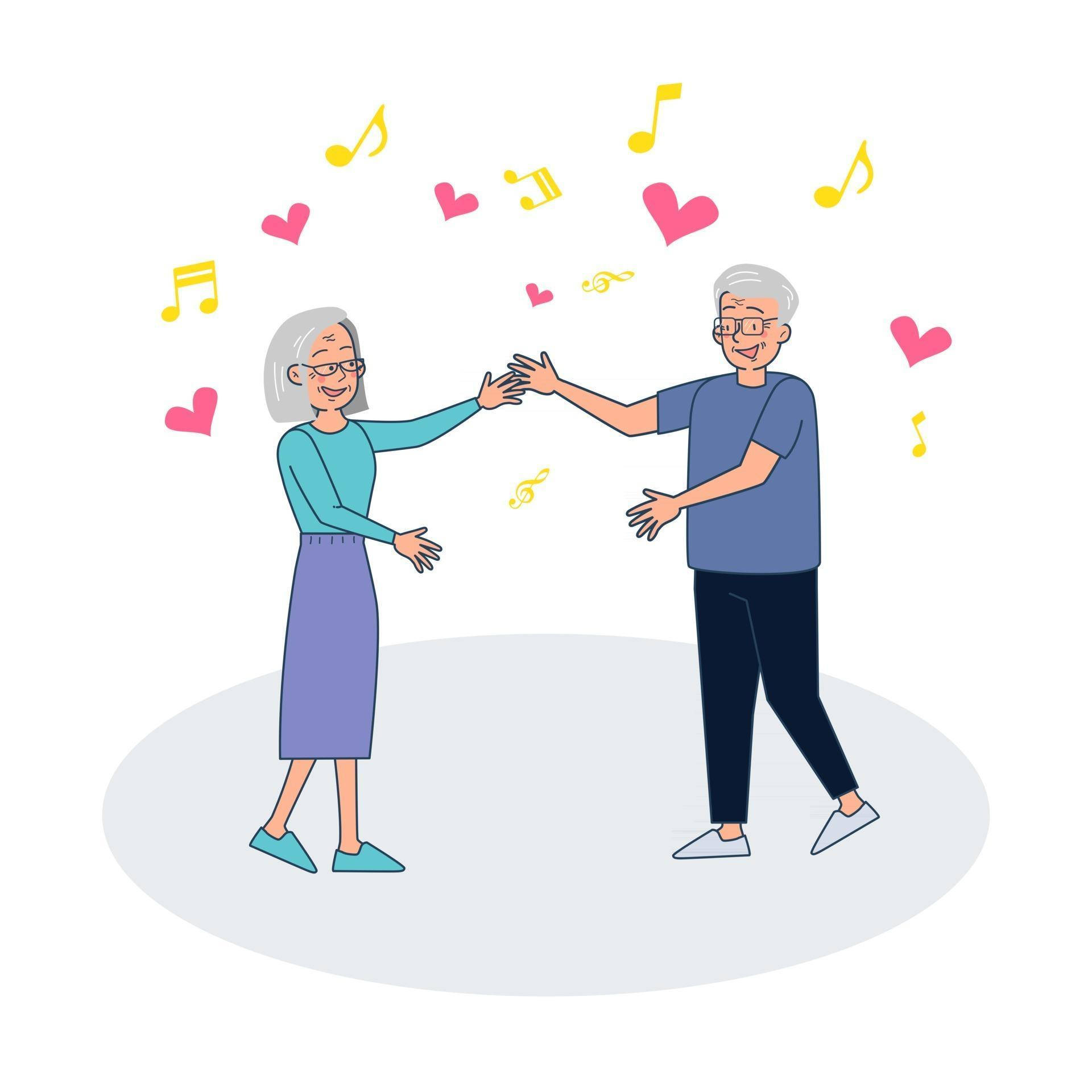 Cute Old Dancing Cartoon Couple, elderly couple, hearts, Full HD Desktop Wallpaper