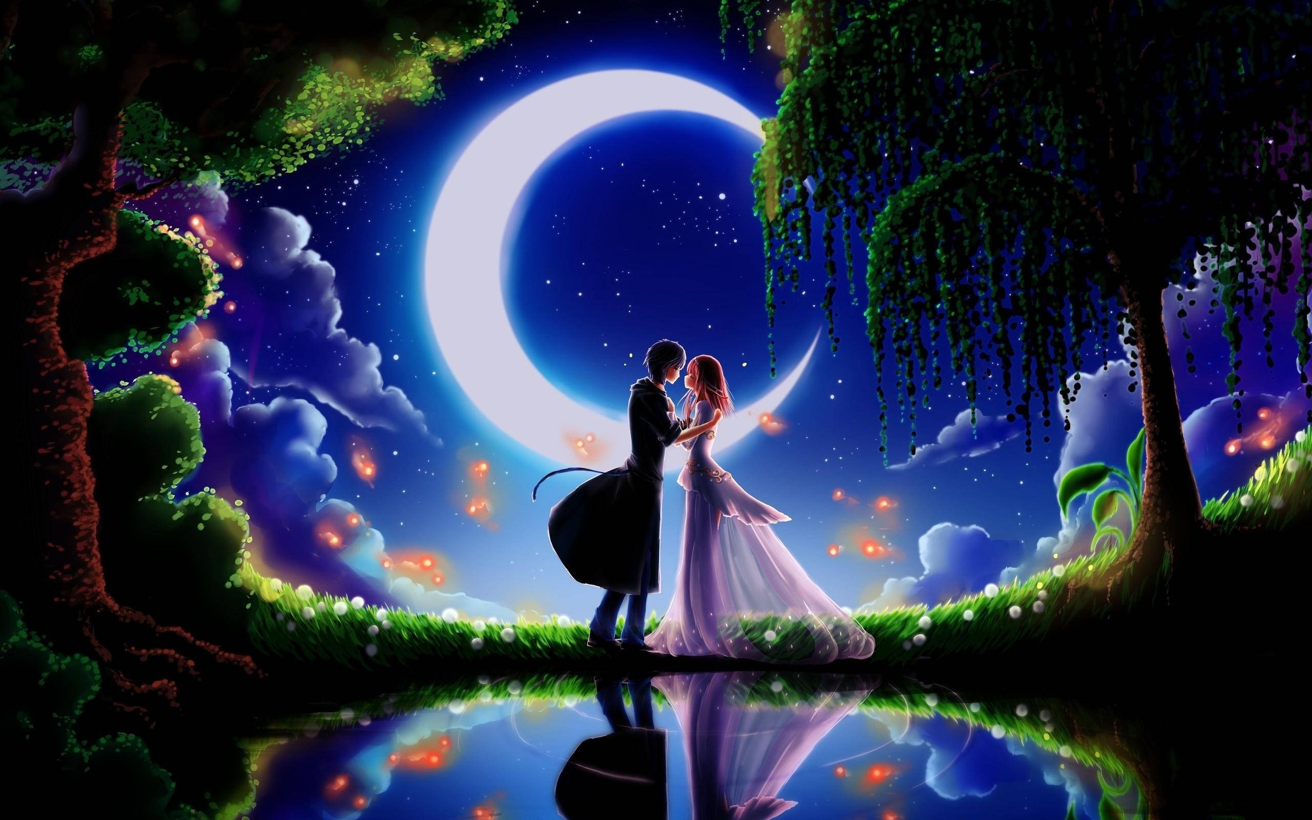 cute cartoon couple, lake, night, 2K Desktop Wallpaper