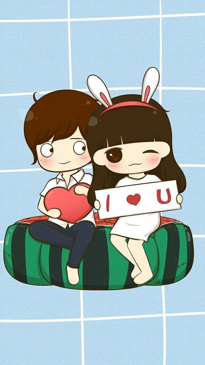 cute couple drawing, anime-style lovers, striped beanbag, HD Phone Wallpaper