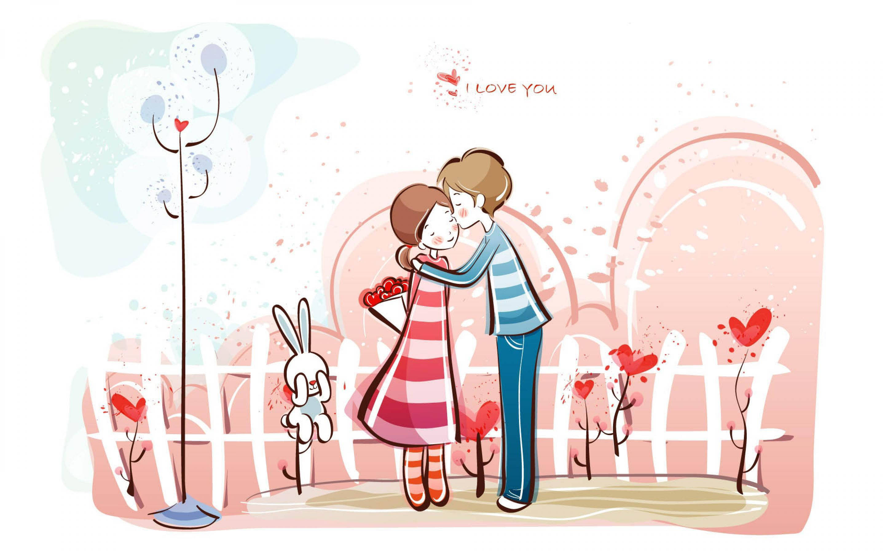 cute couple drawing, pastel garden, hearts, 2K Desktop Wallpaper