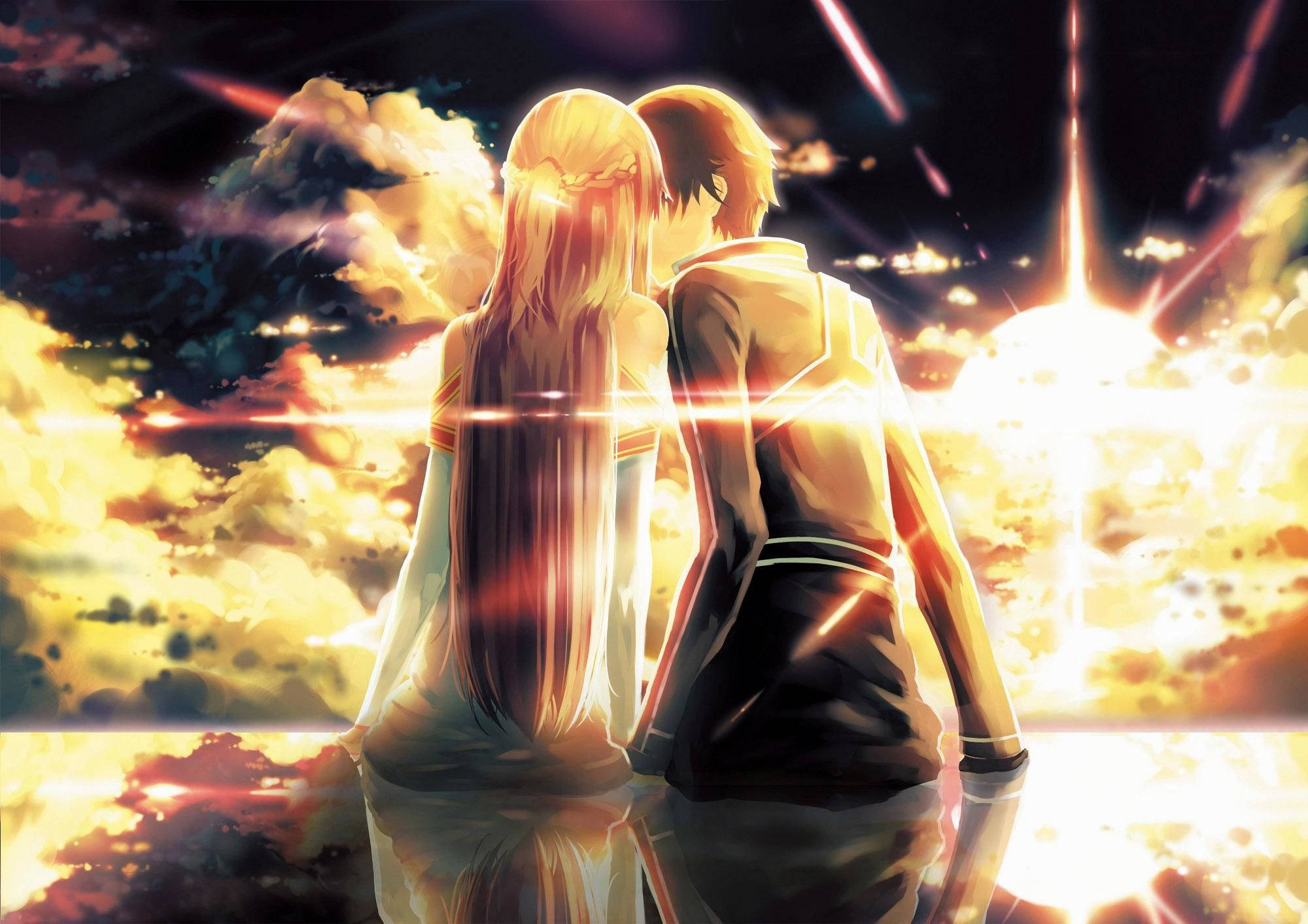 cute couple drawing, anime characters, radiant sunset sky, Full HD Desktop Wallpaper