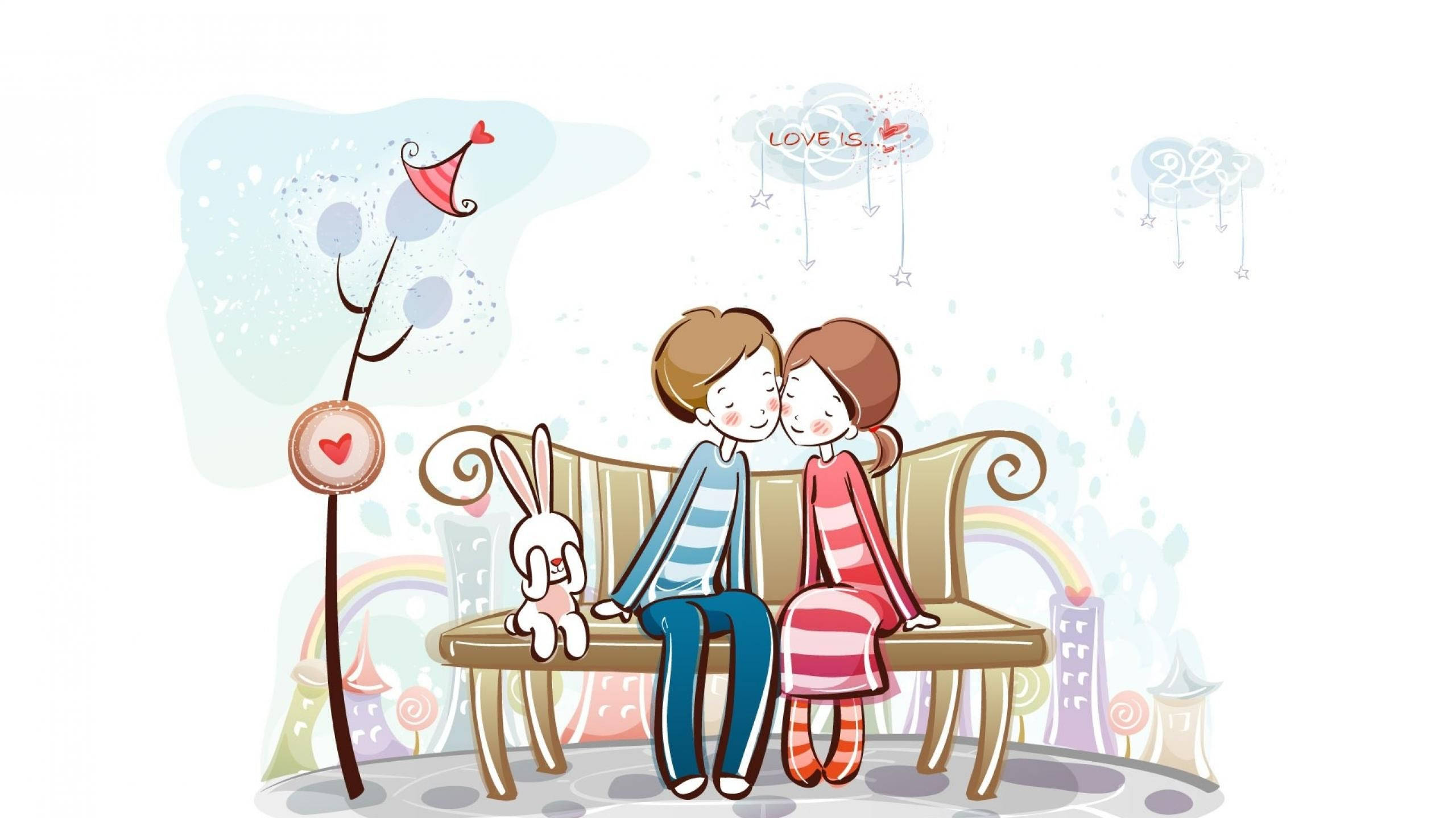 cute couple drawing, wooden bench, bunny, 2K Desktop Wallpaper