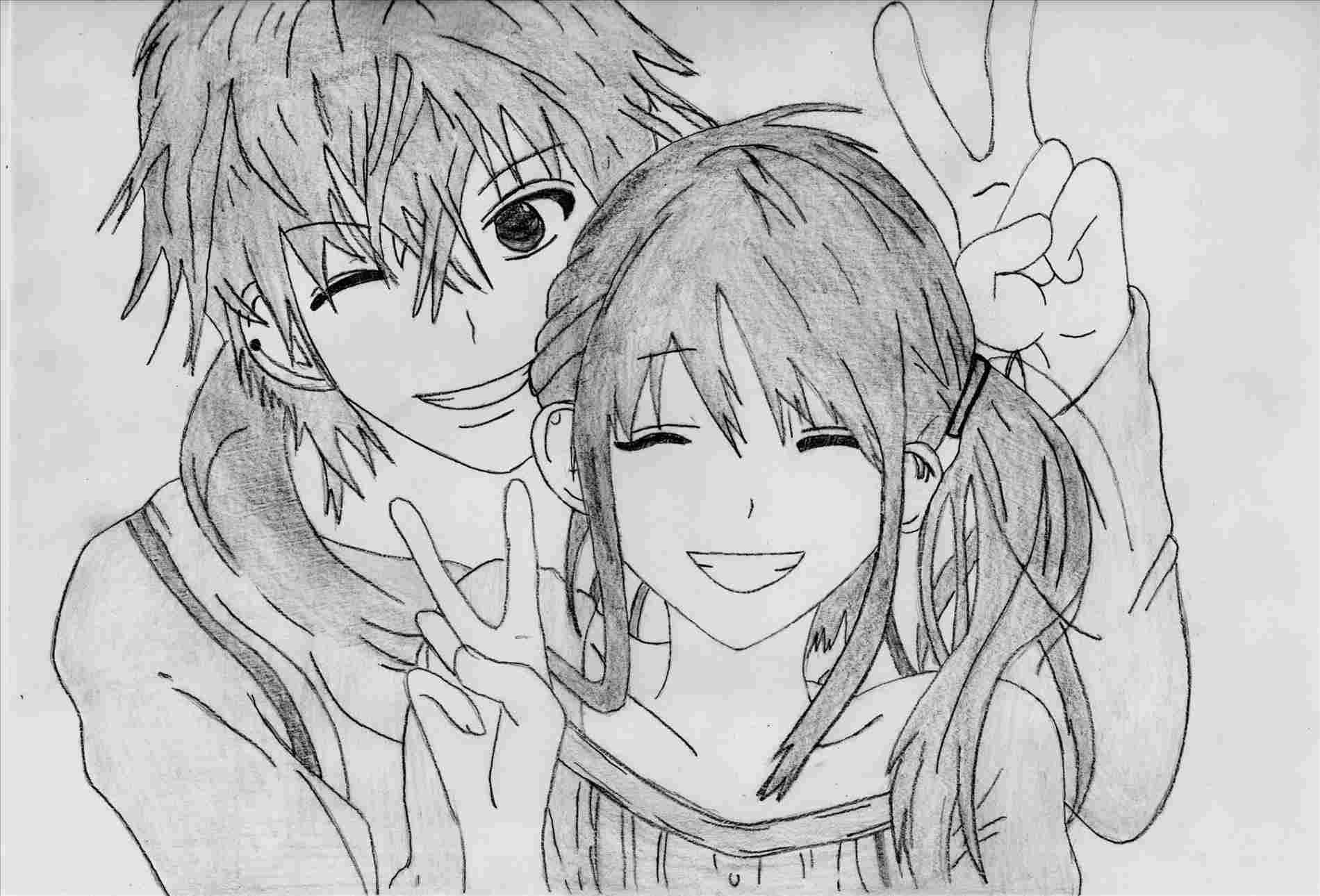cute couple drawing, anime characters, peace signs, HD Desktop Wallpaper