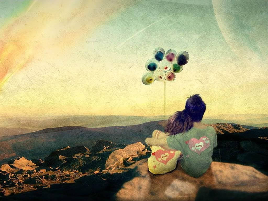 cute couple drawing, children, rocky hilltop, SD Desktop Wallpaper