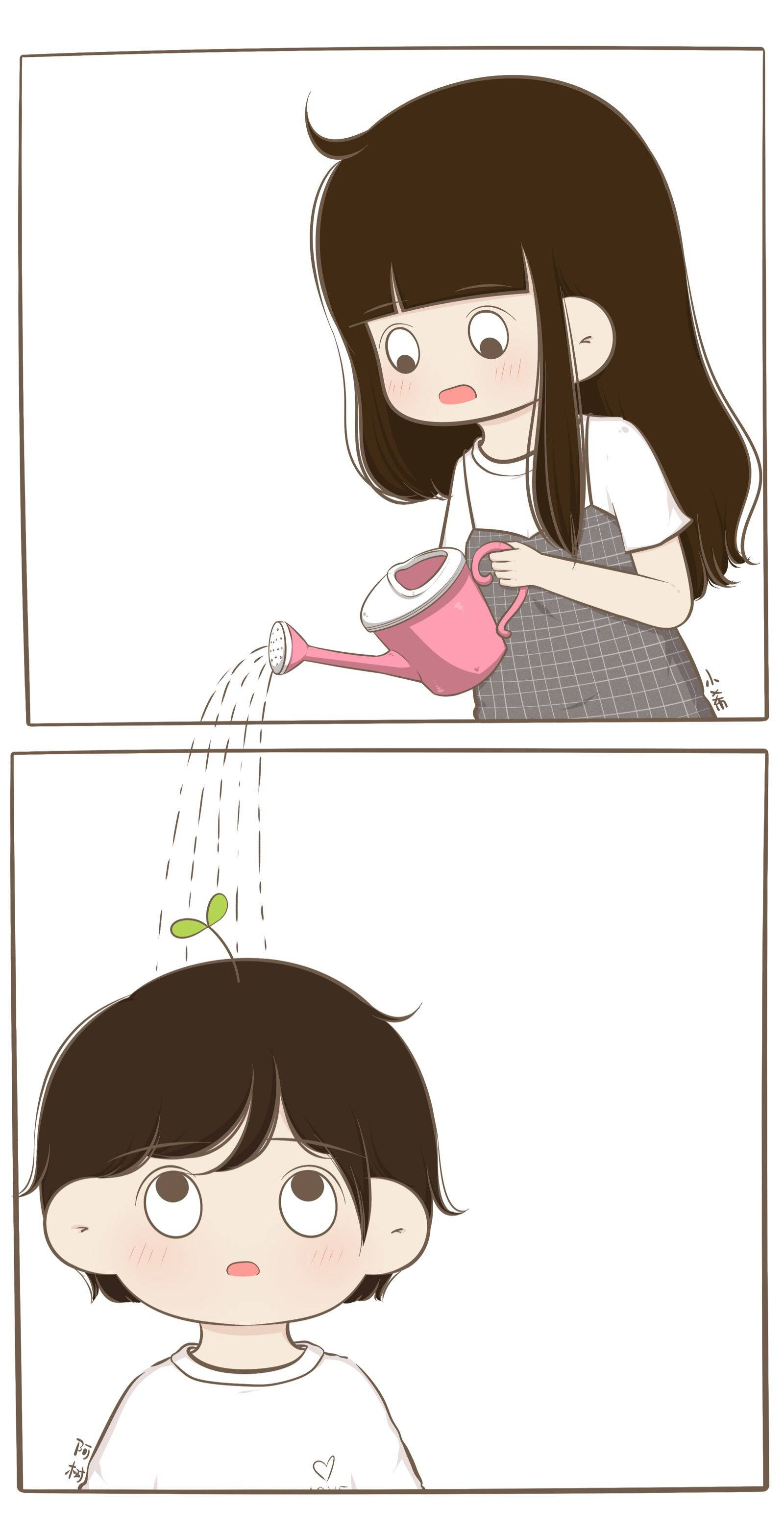 cute girl, boy's head, plant sprout, 2K Phone Wallpaper