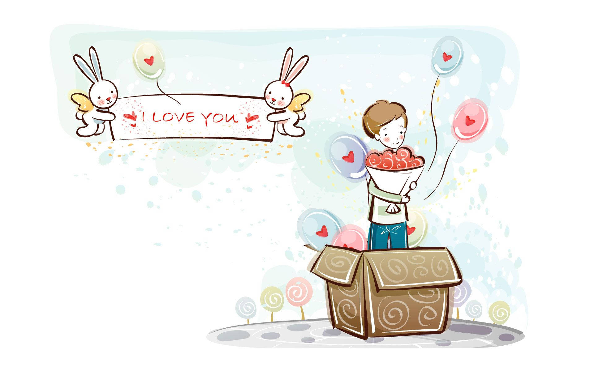 cardboard box, bunny angels, banner that reads I LOVE YOU, Full HD Desktop Wallpaper