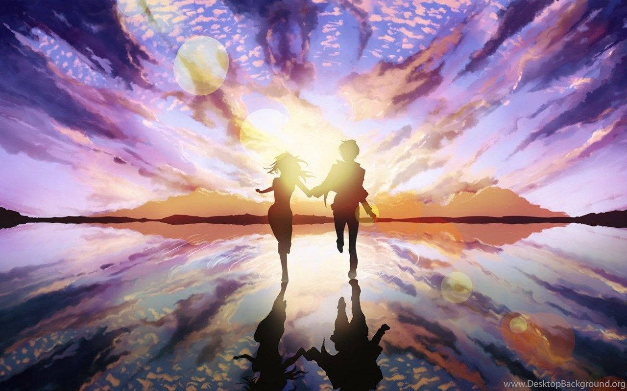 cute couple drawing, reflective lake, sunset, HD Desktop Wallpaper