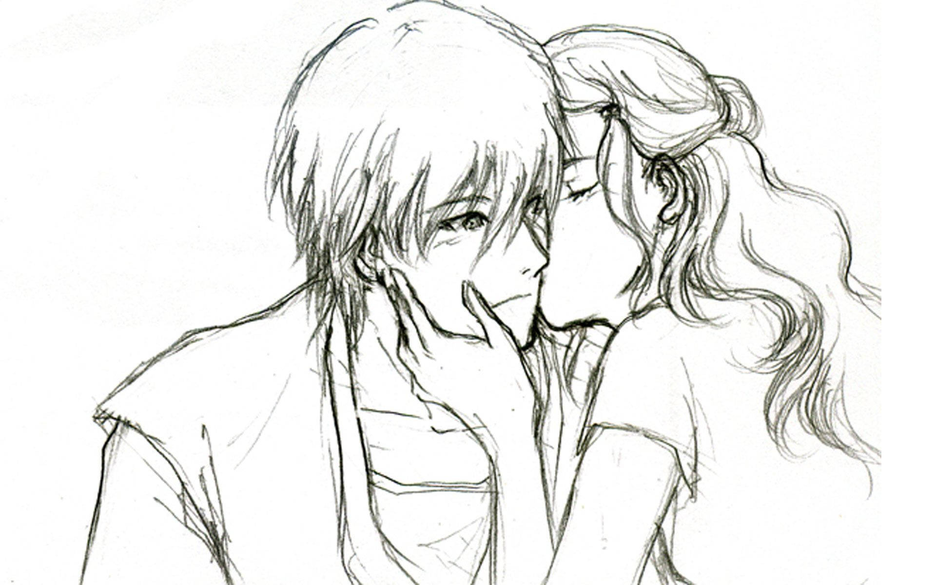 cute couple drawing, anime sketch, girl kissing boy's cheek, Full HD Desktop Wallpaper