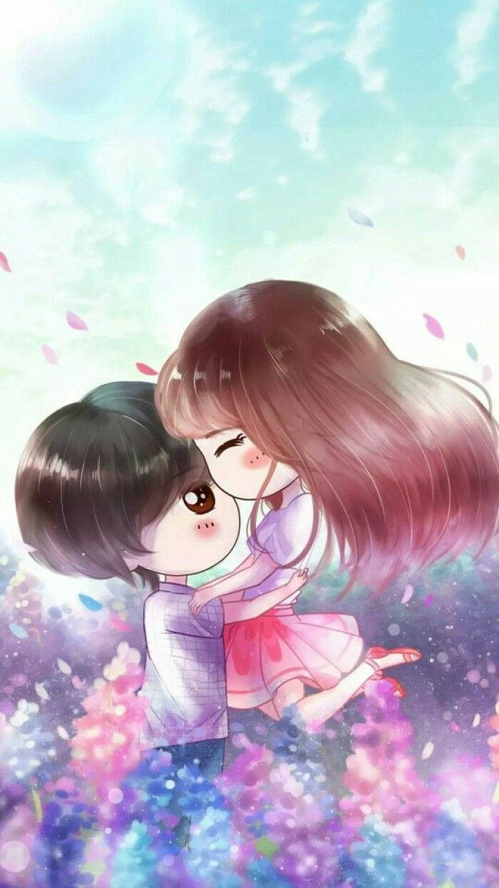 cute anime couple, field of colorful flowers, soft pastel sky, SD Phone Wallpaper