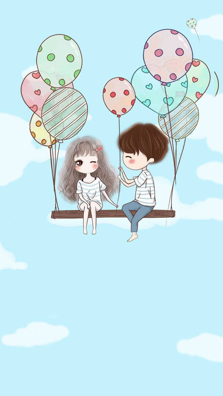 cute couple drawing, floating bench, anime-style children, HD Phone Wallpaper