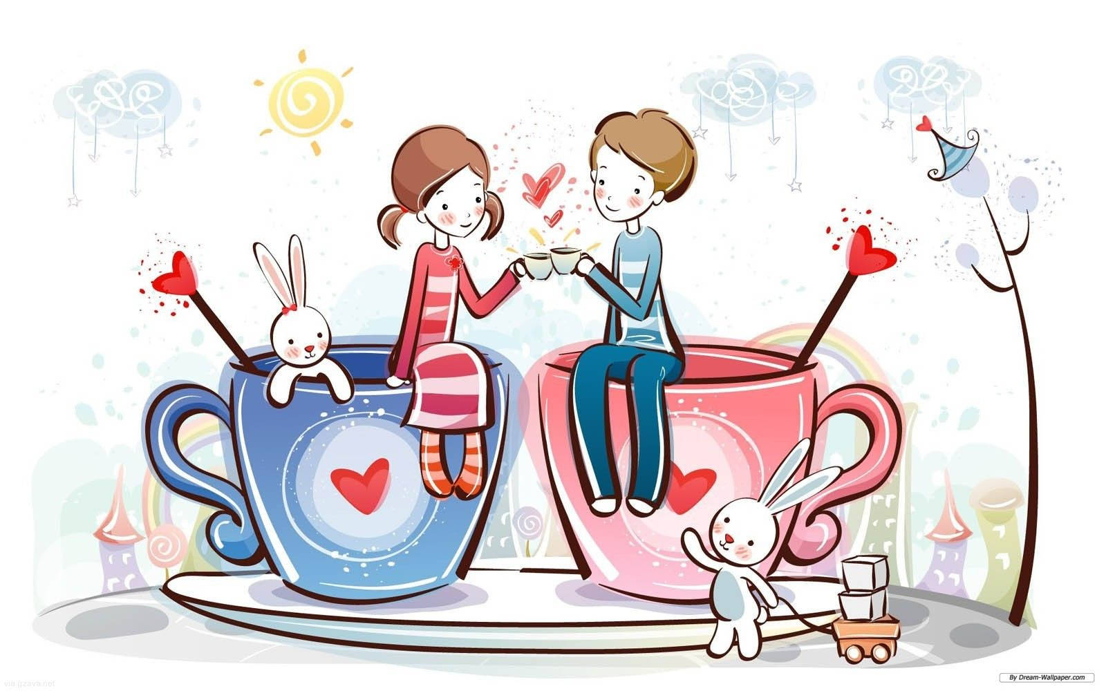 cartoon couple, giant heart-decorated teacups, smiling rabbits, HD Desktop Wallpaper