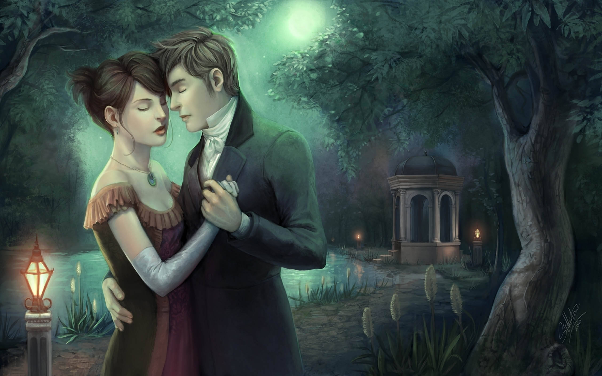 cute couple drawing, moonlight, misty garden, 2K Desktop Wallpaper