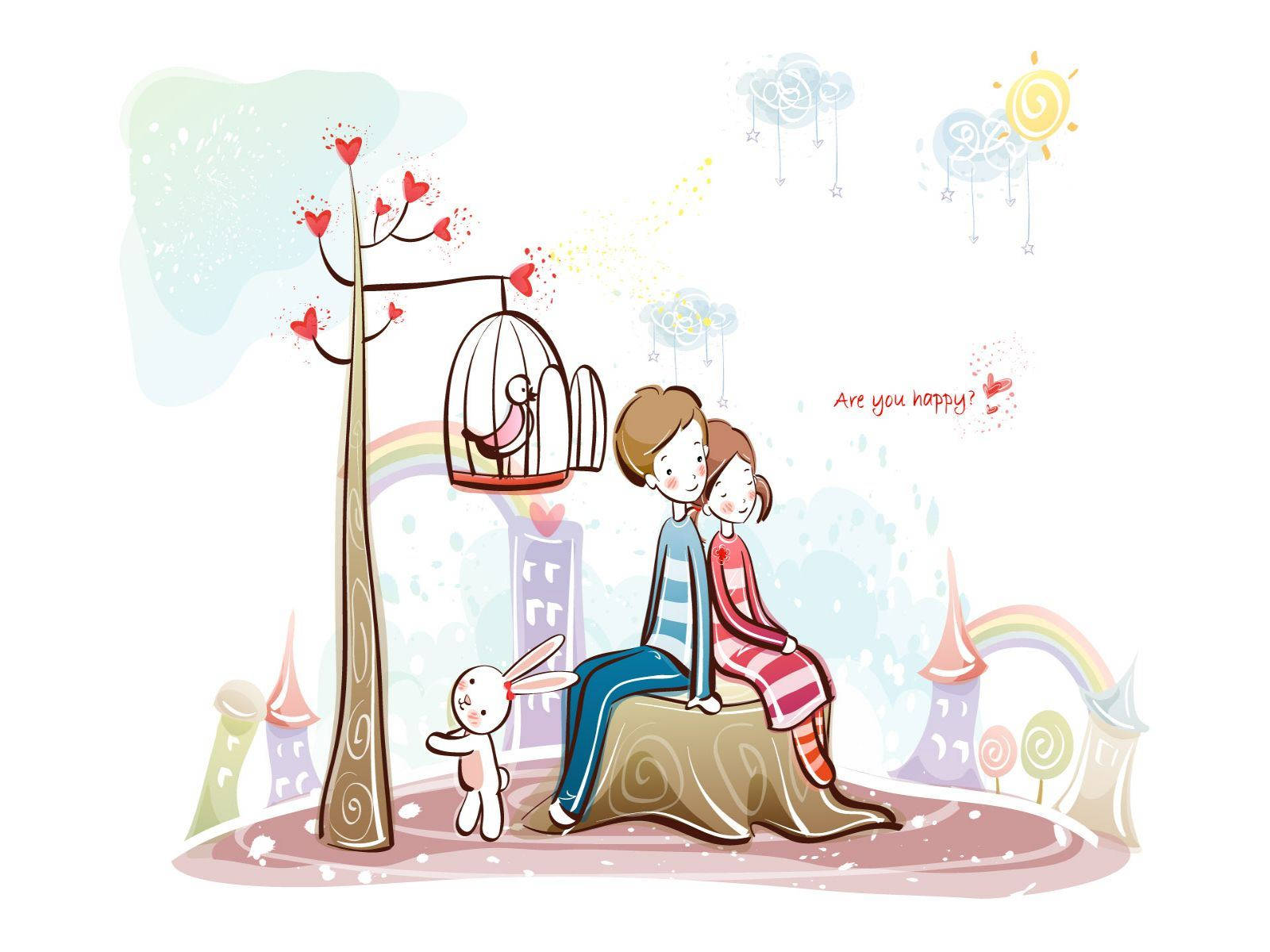 cute couple drawing, iPhone display, tree stump, HD Desktop Wallpaper