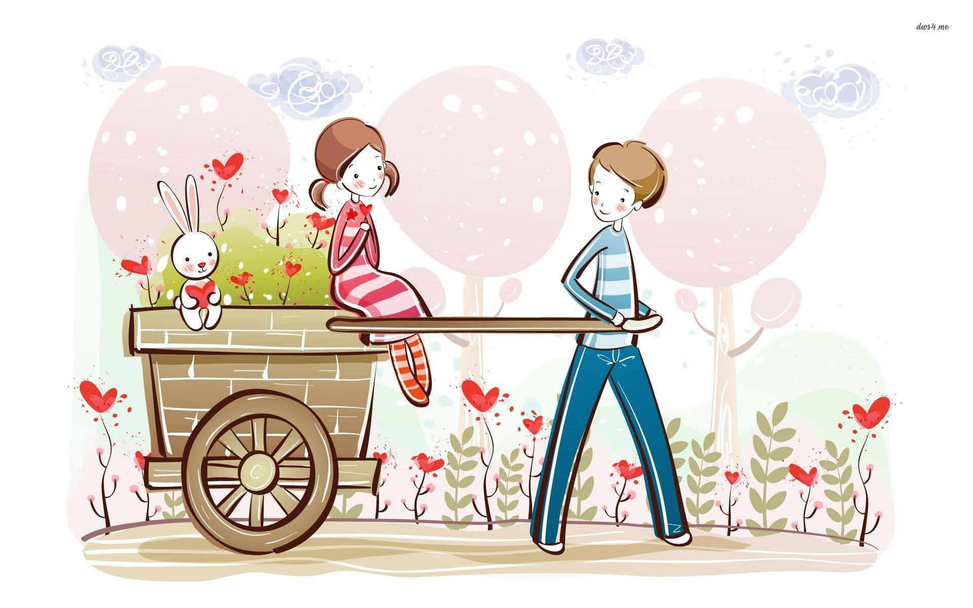 cute couple drawing, cartoon boy, girl, Full HD Desktop Wallpaper