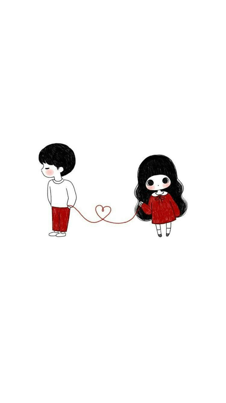 cute couple drawing, anime-style children, red heart-shaped string, HD Phone Wallpaper