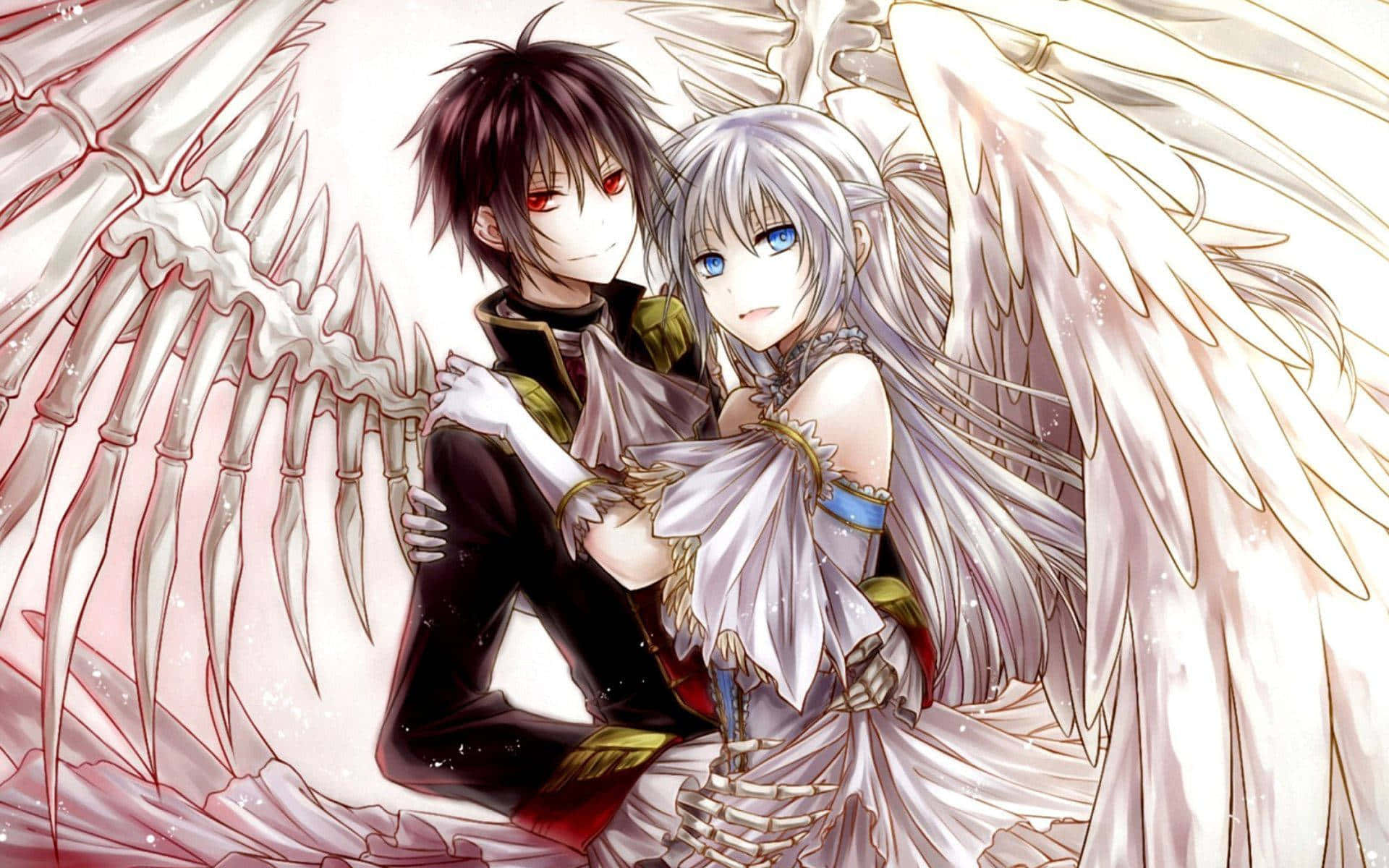 angels matching pfp anime, dark-haired red-eyed boy, skeletal wings, Full HD Desktop Wallpaper