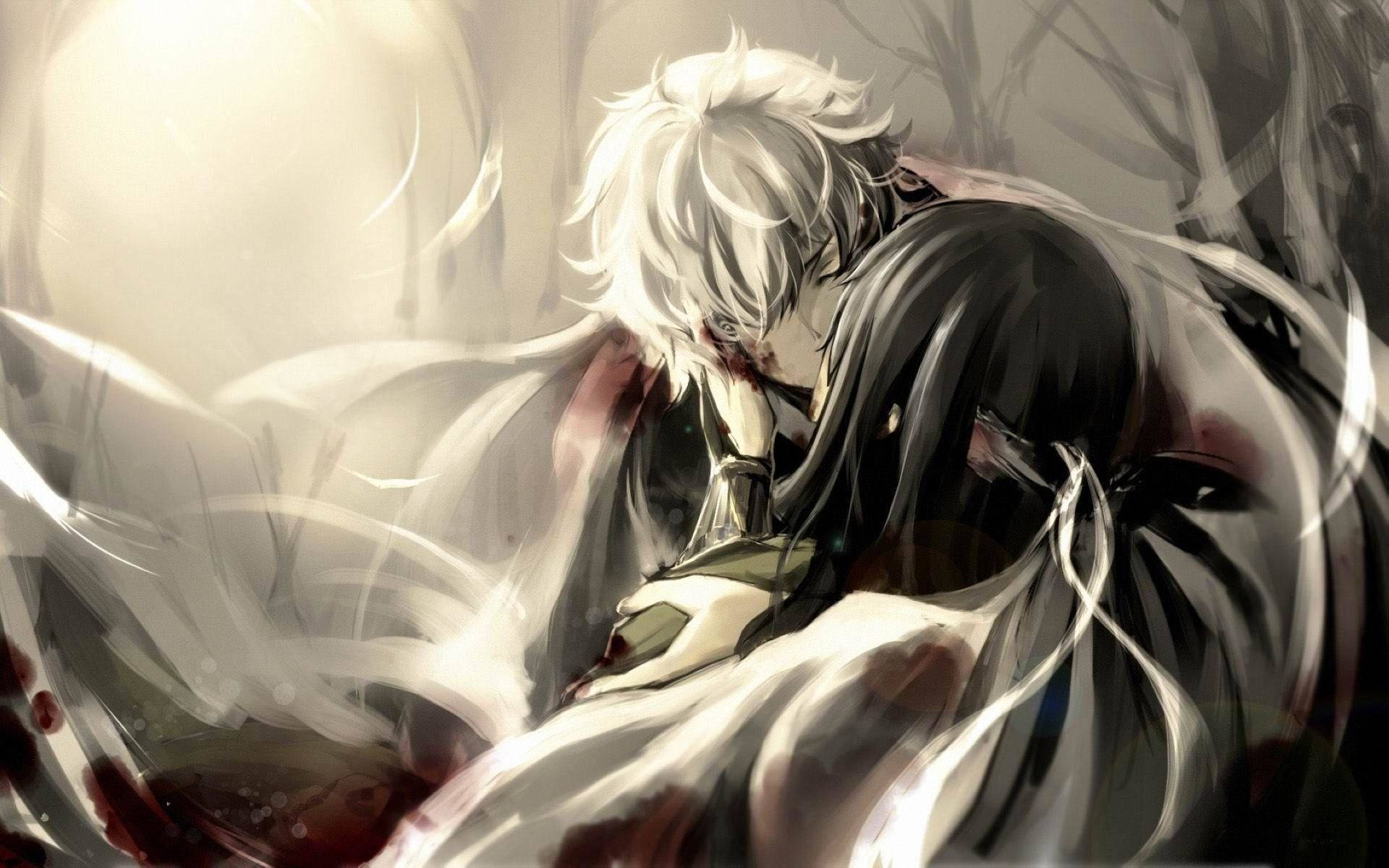 cute couple drawing theme, anime characters, blood-stained scene, Full HD Desktop Wallpaper