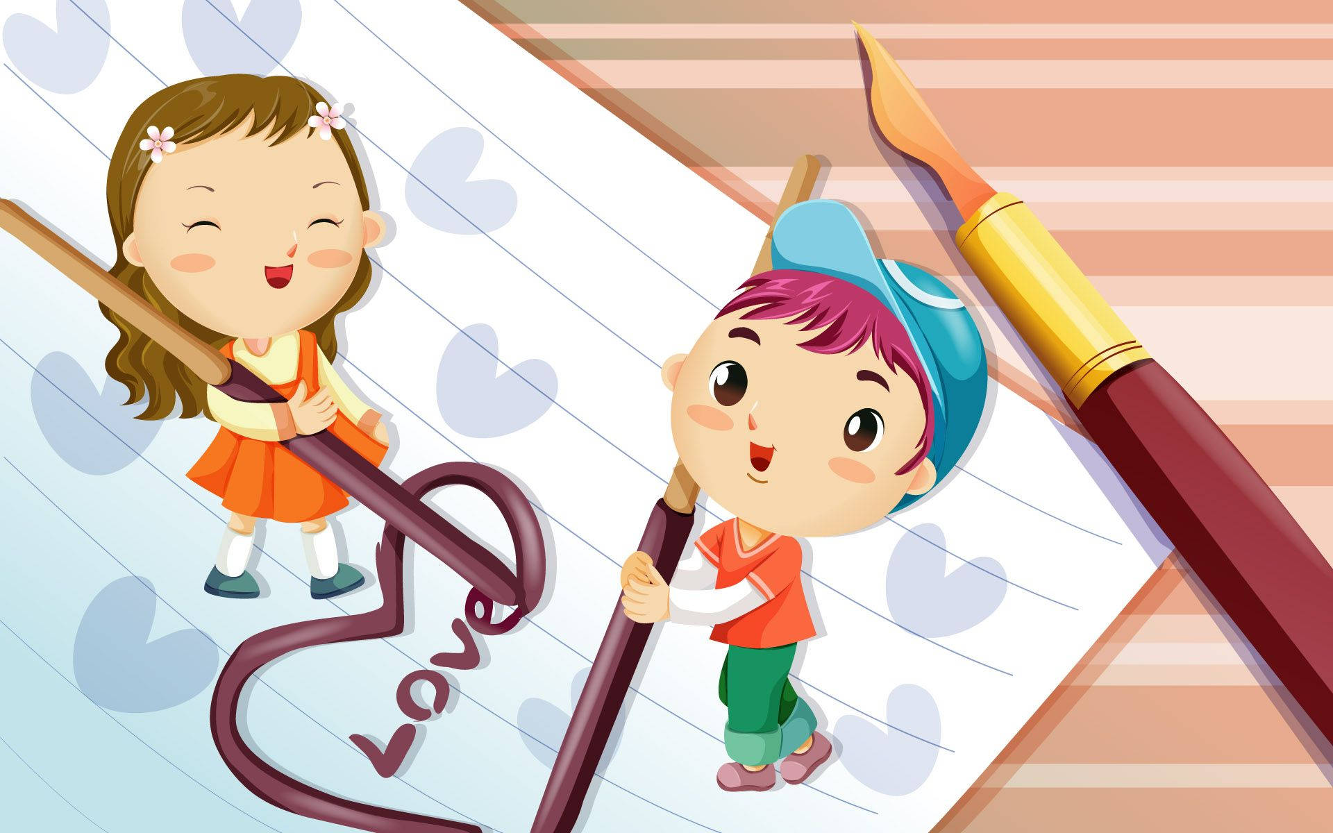 cute couple drawing, cartoon kids, heart-shaped word love, Full HD Desktop Wallpaper