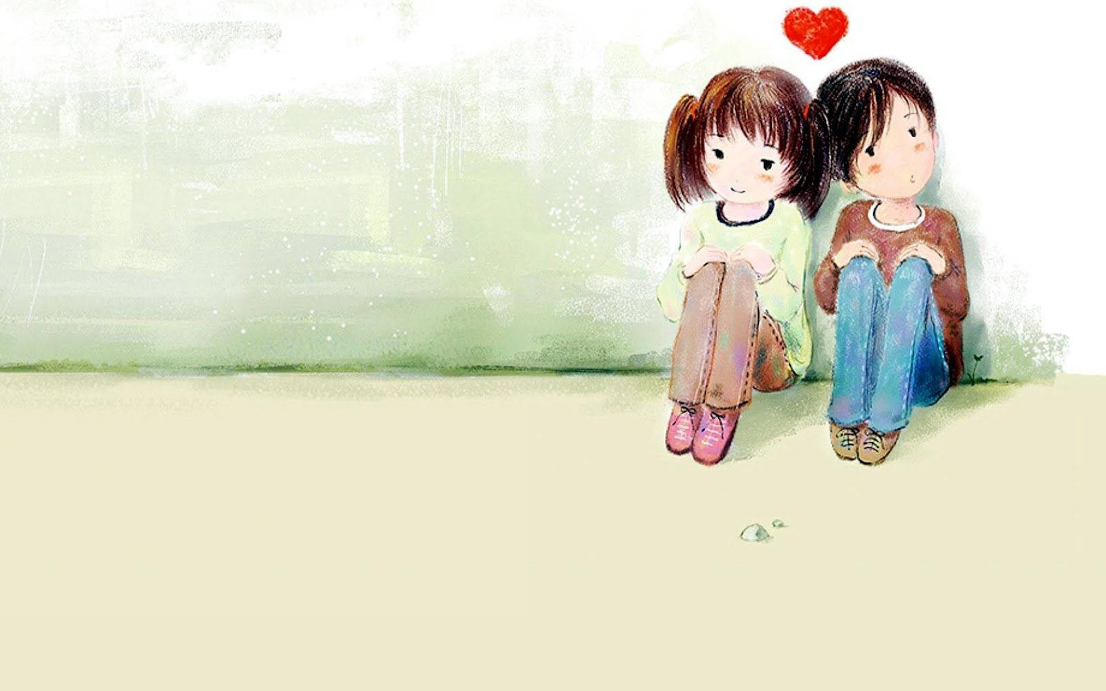 cute couple drawing, two children, red heart, HD Desktop Wallpaper
