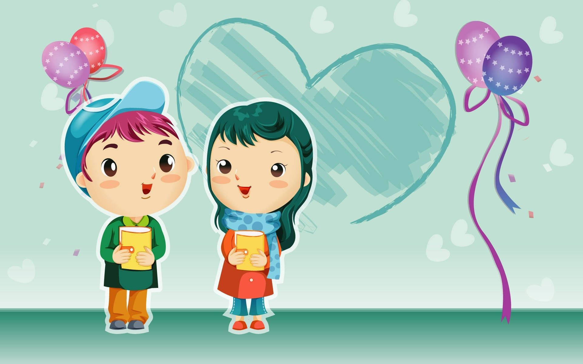 cute couple drawing, cartoon children, yellow books, Full HD Desktop Wallpaper