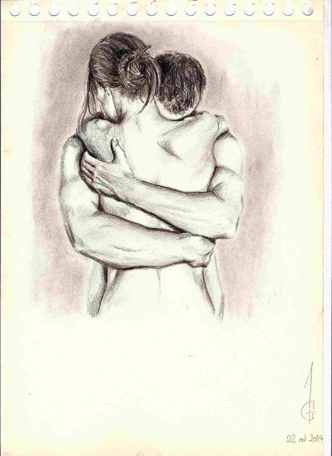 charcoal sketch, two figures embracing from behind, lined notebook paper, HD Phone Wallpaper