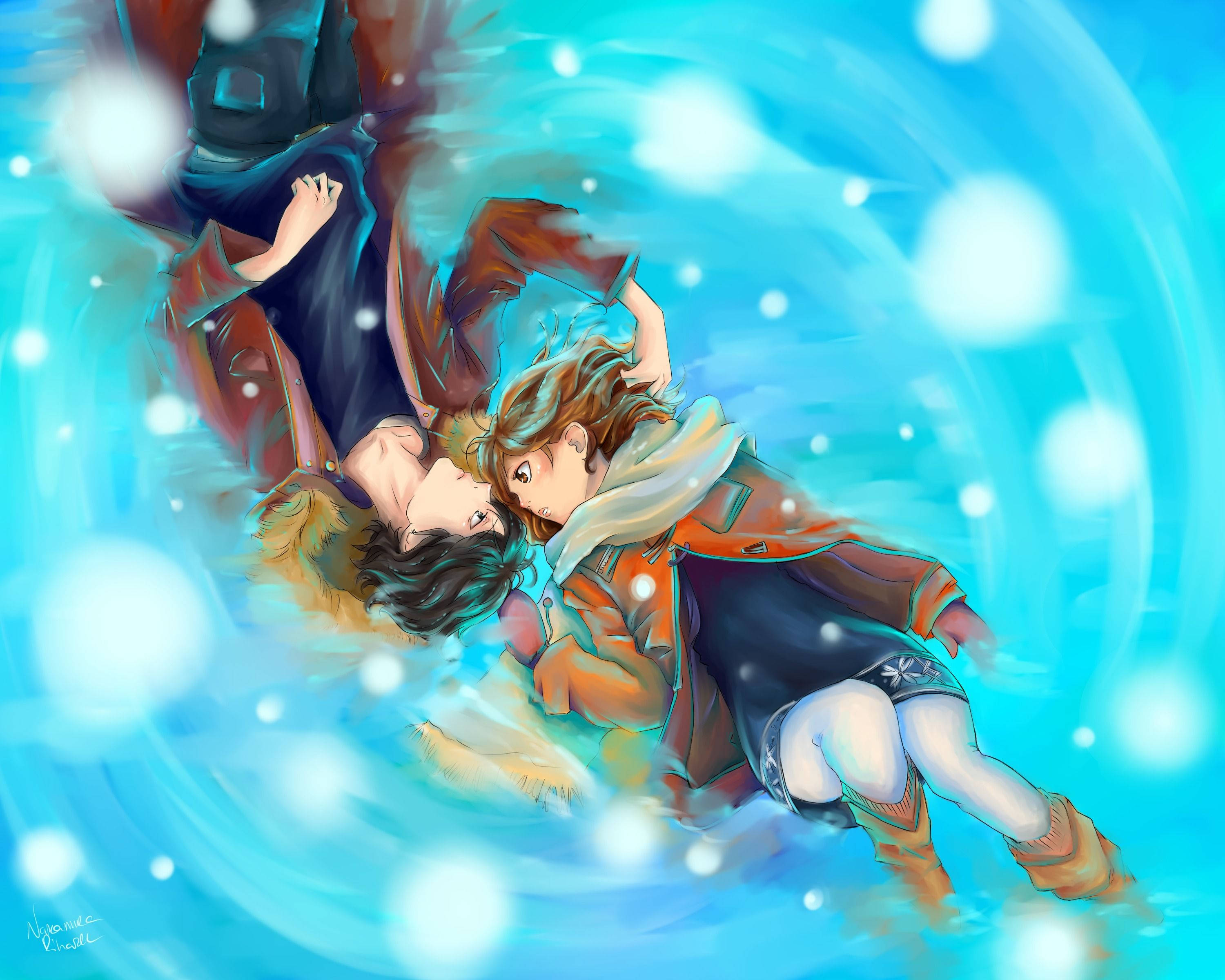 cute couple drawing, anime characters, swirling blue vortex, 2K Desktop Wallpaper
