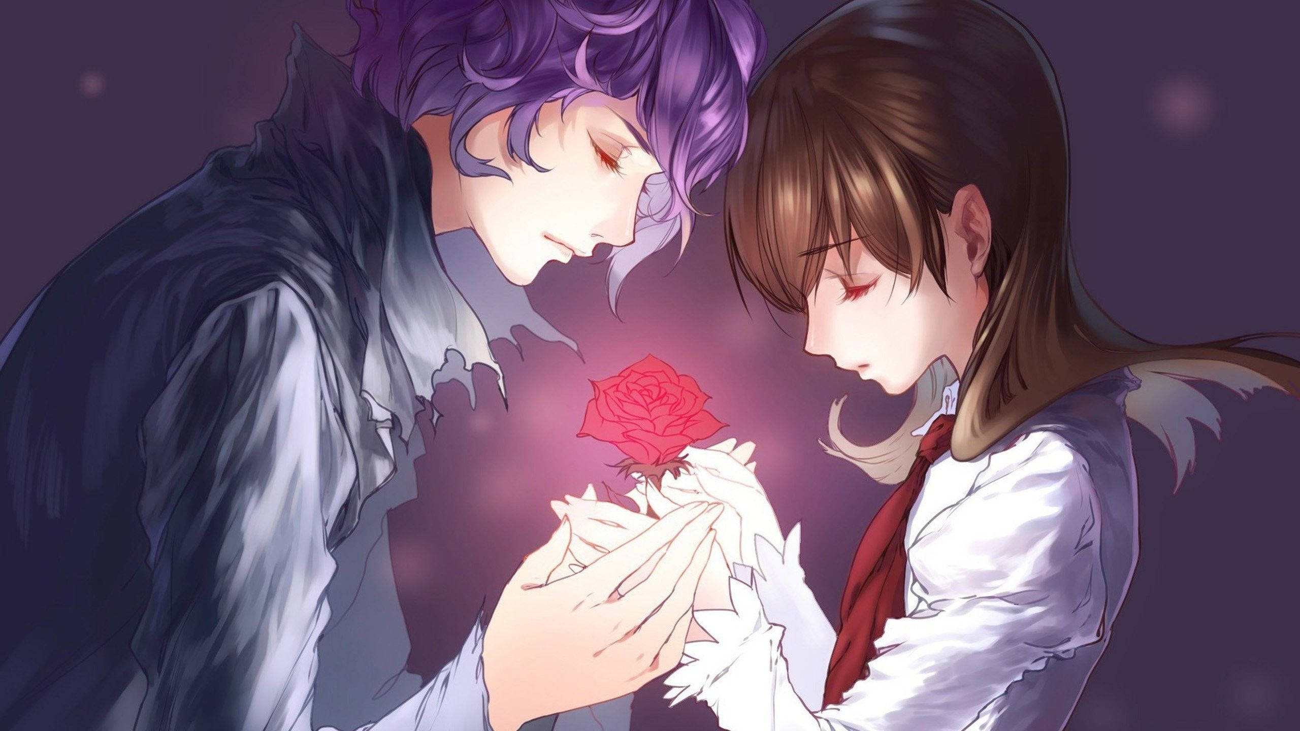 anime cute couple drawing, glowing red rose, soft purple background, 2K Desktop Wallpaper