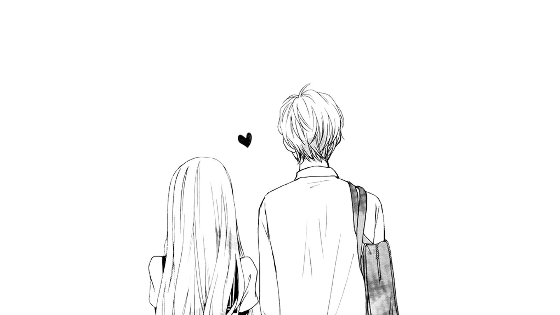 anime-style figures, heart floating between them, minimalist black and white line art, Full HD Desktop Wallpaper