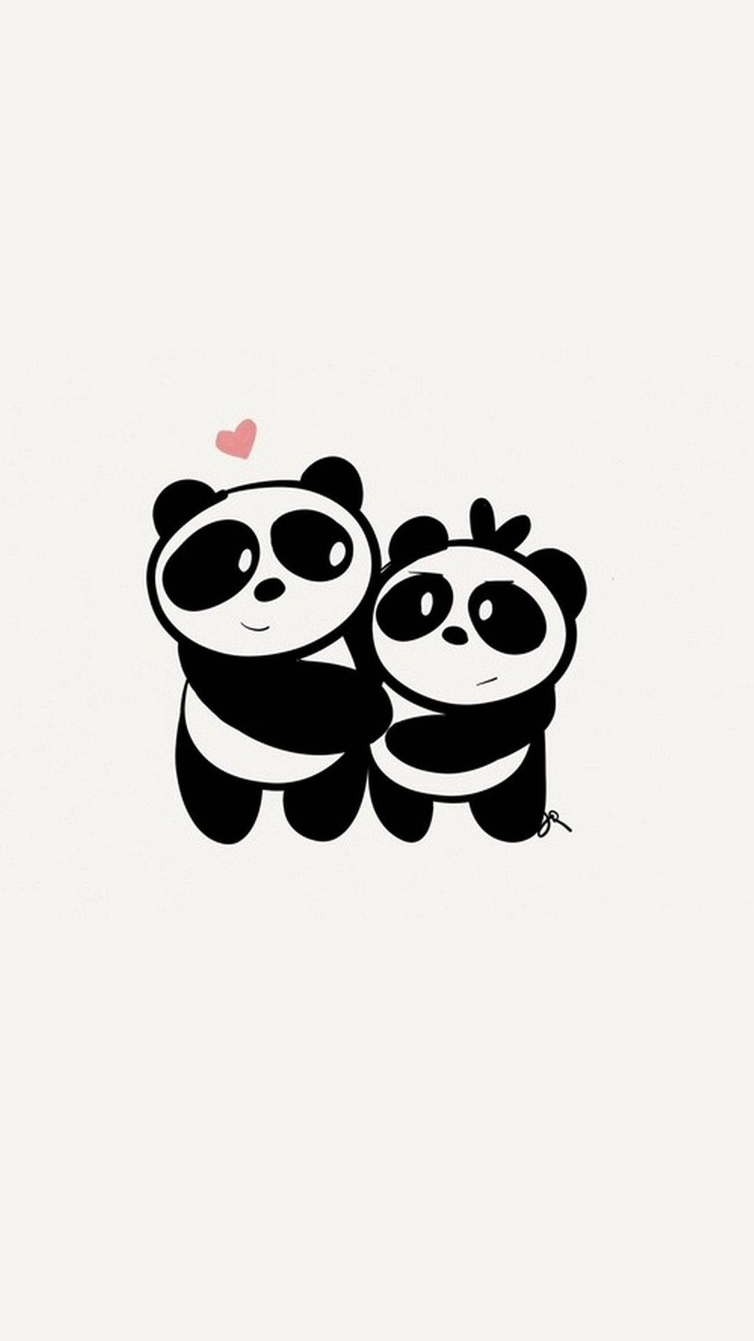 cute couple drawing, panda, pink heart, Full HD Phone Wallpaper